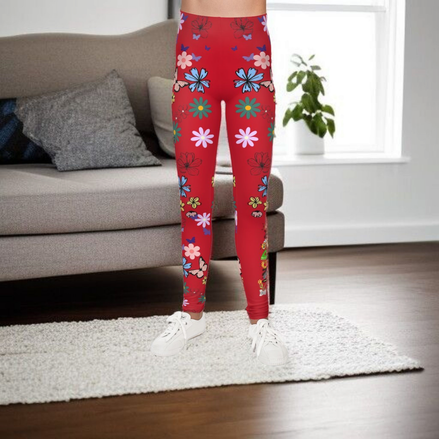 Colorful Floral Youth Leggings - Butterflies & Flowers Design