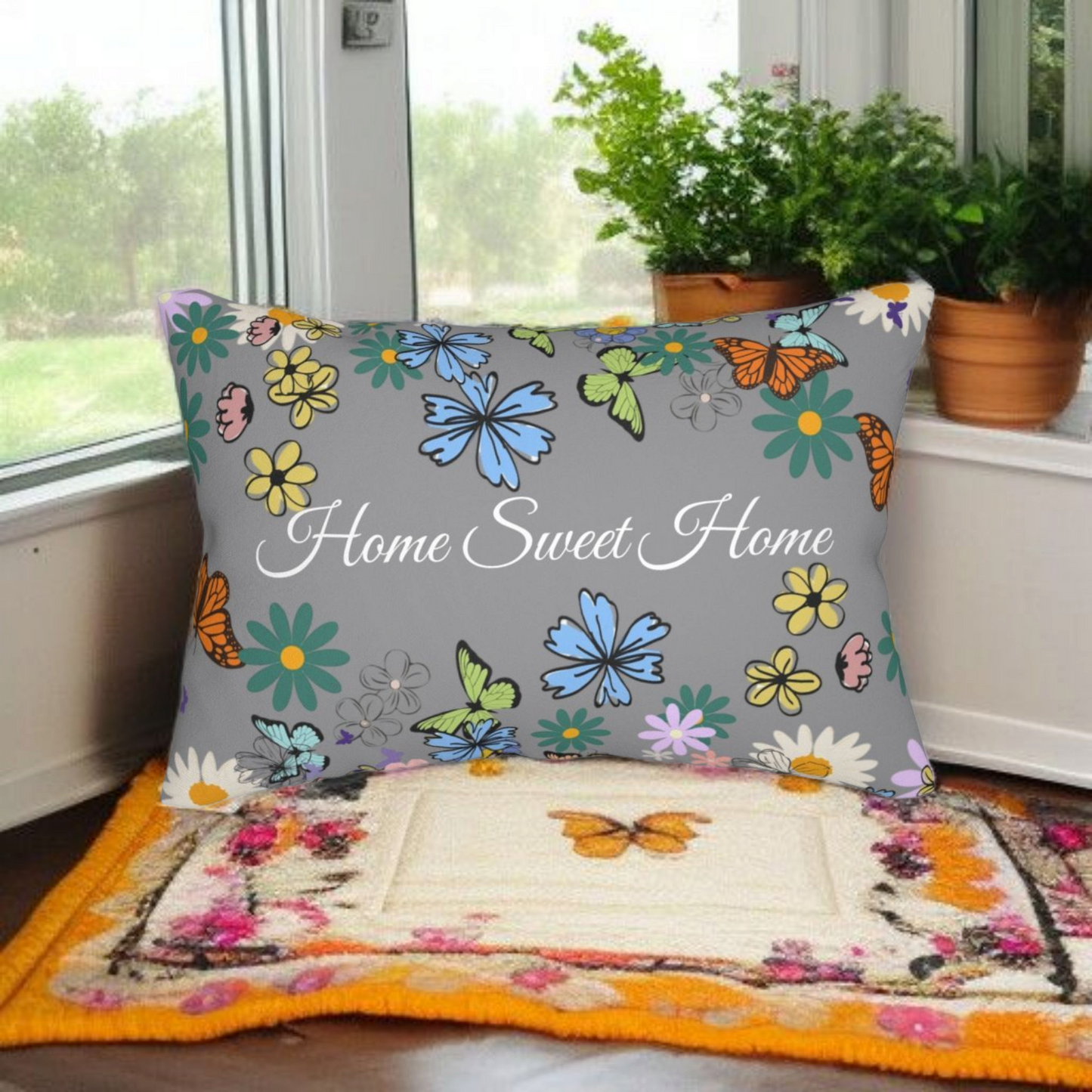 Home Sweet Home Floral Lumbar Pillow - Cozy Accent for Living Room