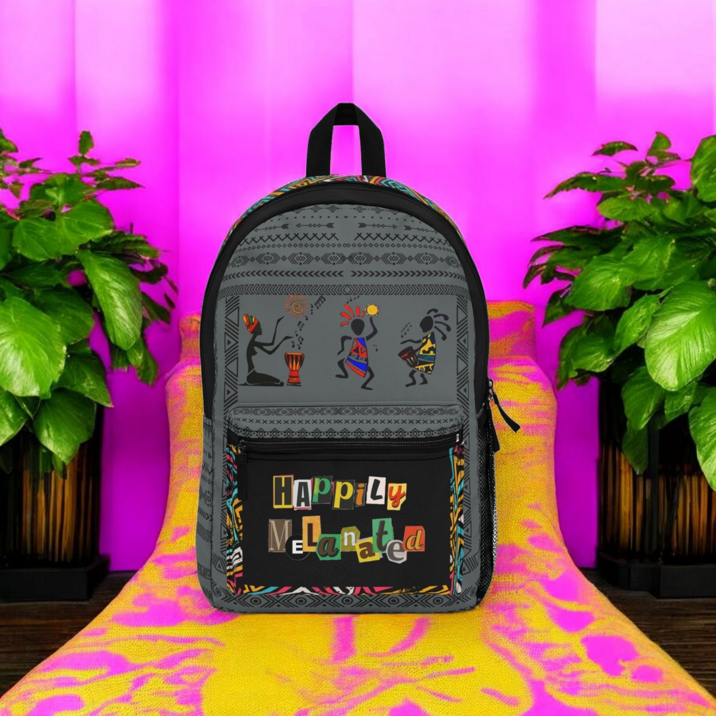 Afro Music Backpack, Music Lover Bag, Cartoon Print Rucksack, Ethnic Design
