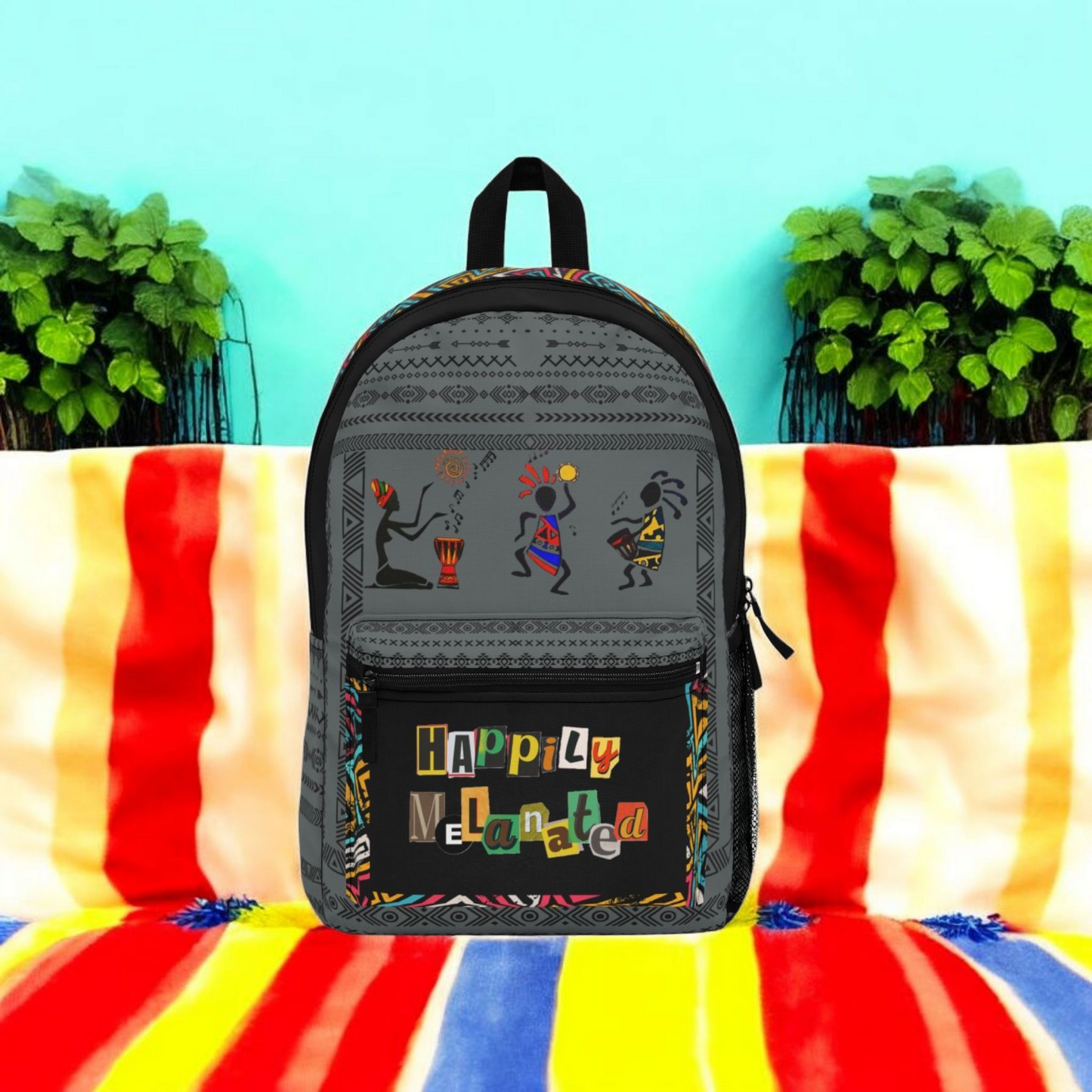 Afro Music Backpack, Music Lover Bag, Cartoon Print Rucksack, Ethnic Design