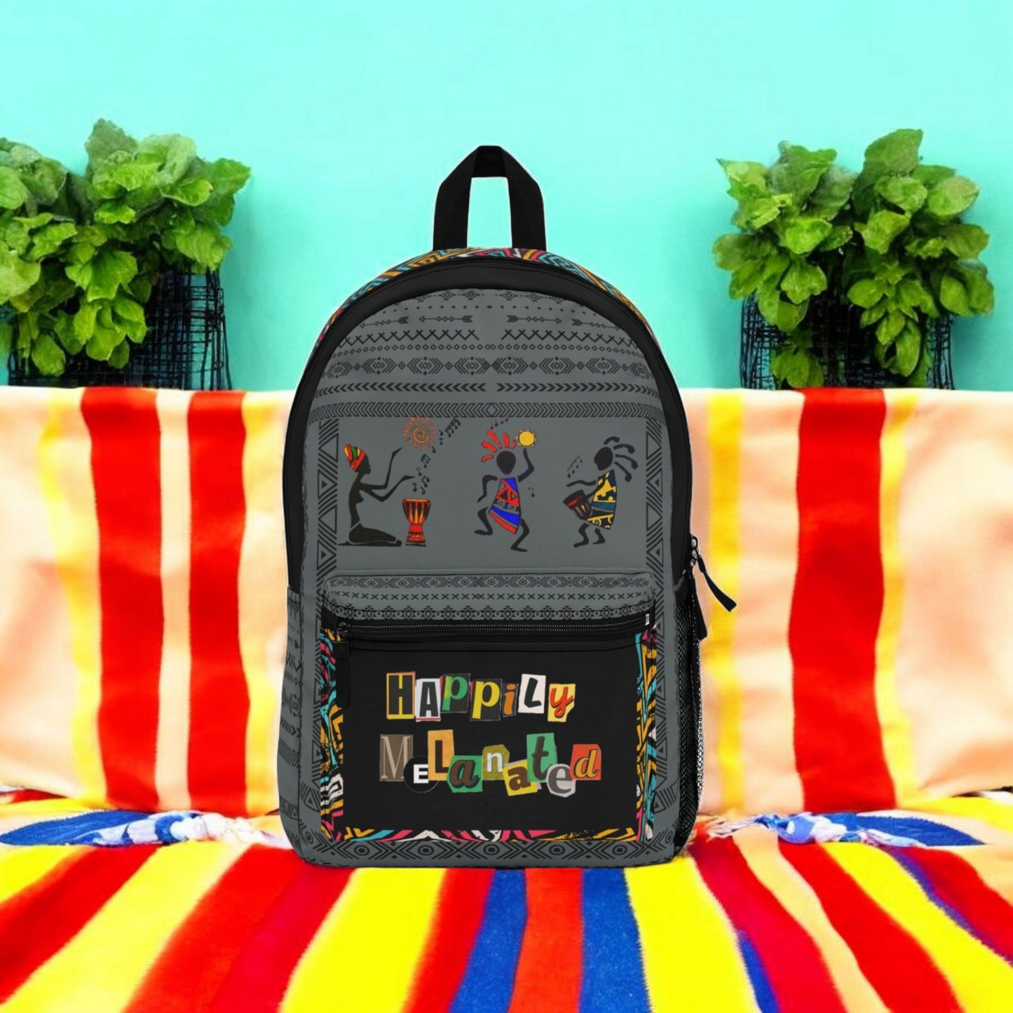 Afro Music Backpack, Music Lover Bag, Cartoon Print Rucksack, Ethnic Design