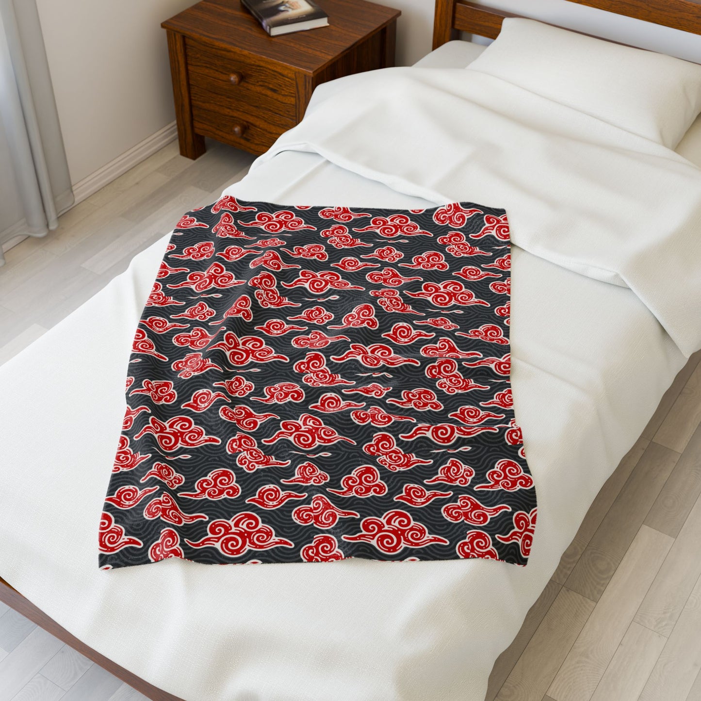 Akatsuki Cloud Pattern Velveteen Plush Blanket — Japanese Anime Inspired Red Cloud Throw