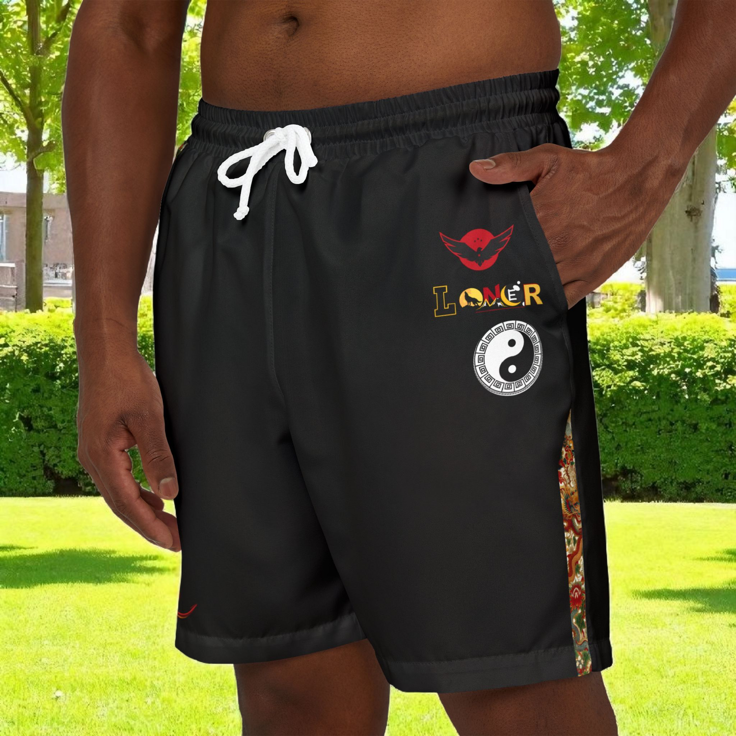 Floral, Dragon Themed Graphic Swim Shorts, Unisex Beachwear, Summer Essentials