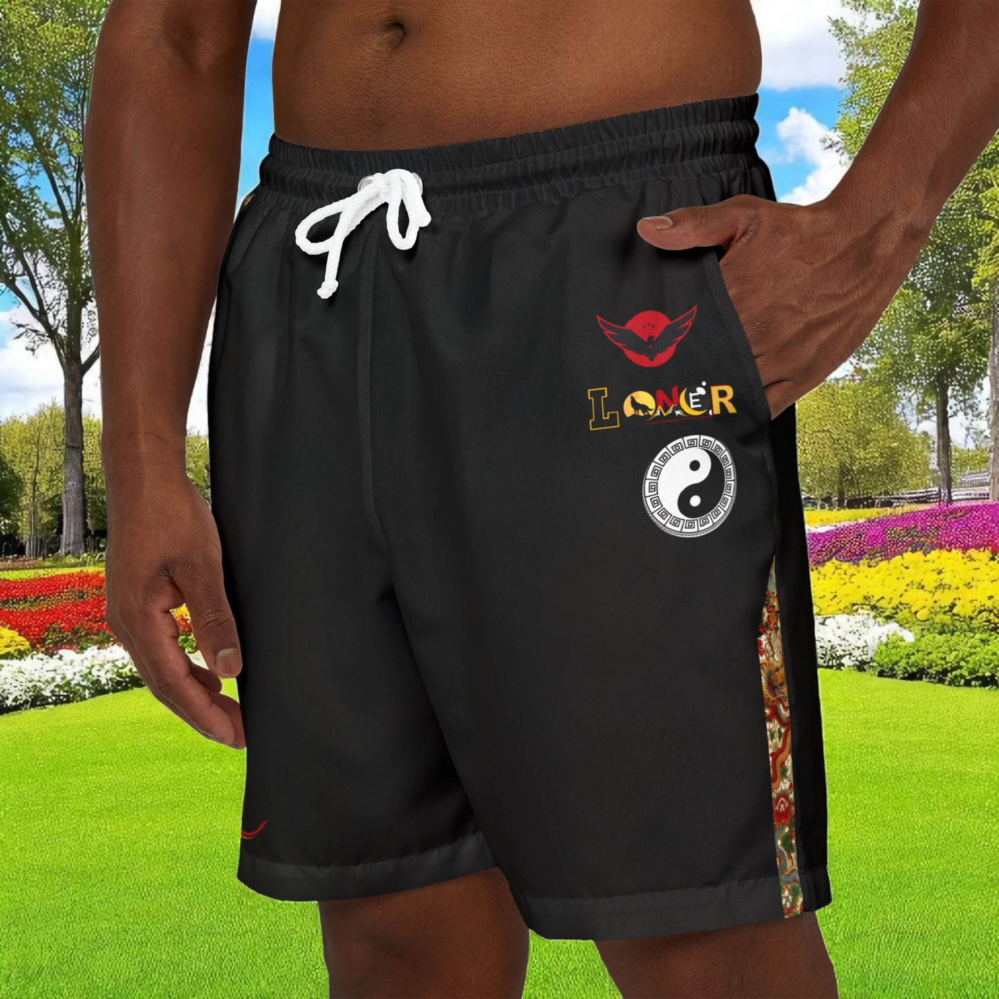 Floral, Dragon Themed Graphic Swim Shorts, Unisex Beachwear, Summer Essentials