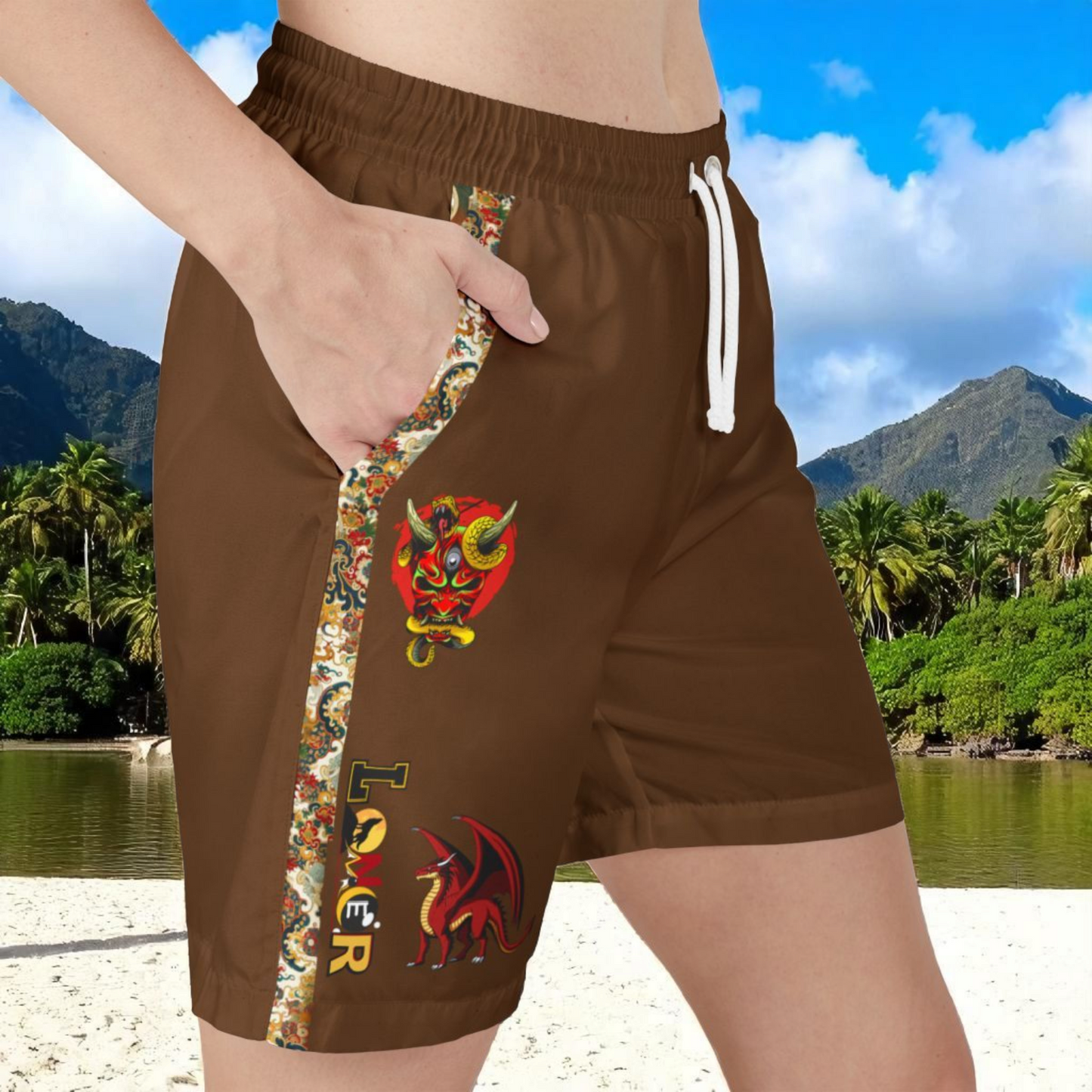 Dragon Graphic Swim Shorts, Unisex Beachwear, Summer Essentials