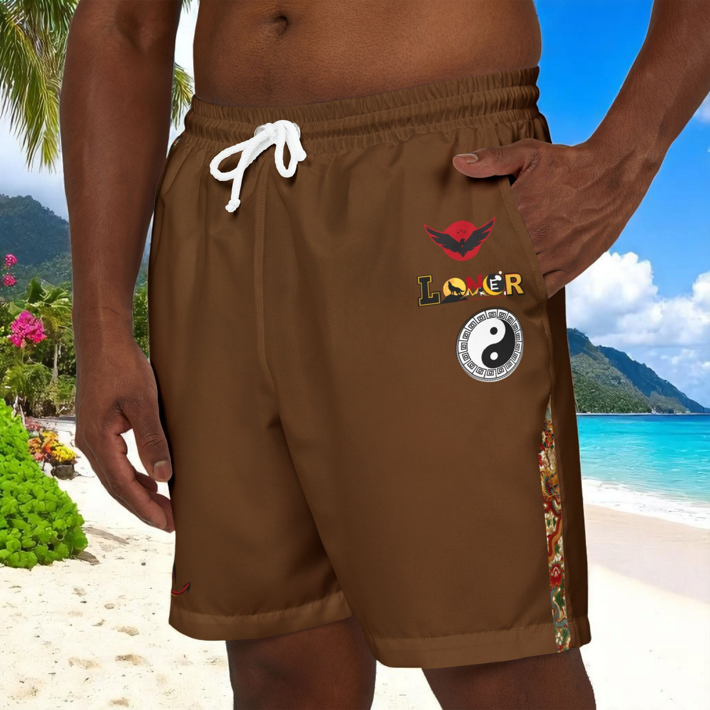 Dragon Graphic Swim Shorts, Unisex Beachwear, Summer Essentials