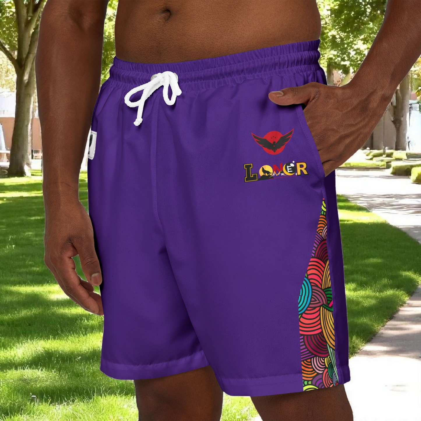 Badged Graphic Swim Shorts, Unisex Beachwear, Summer Essentials, Pool Party Attire