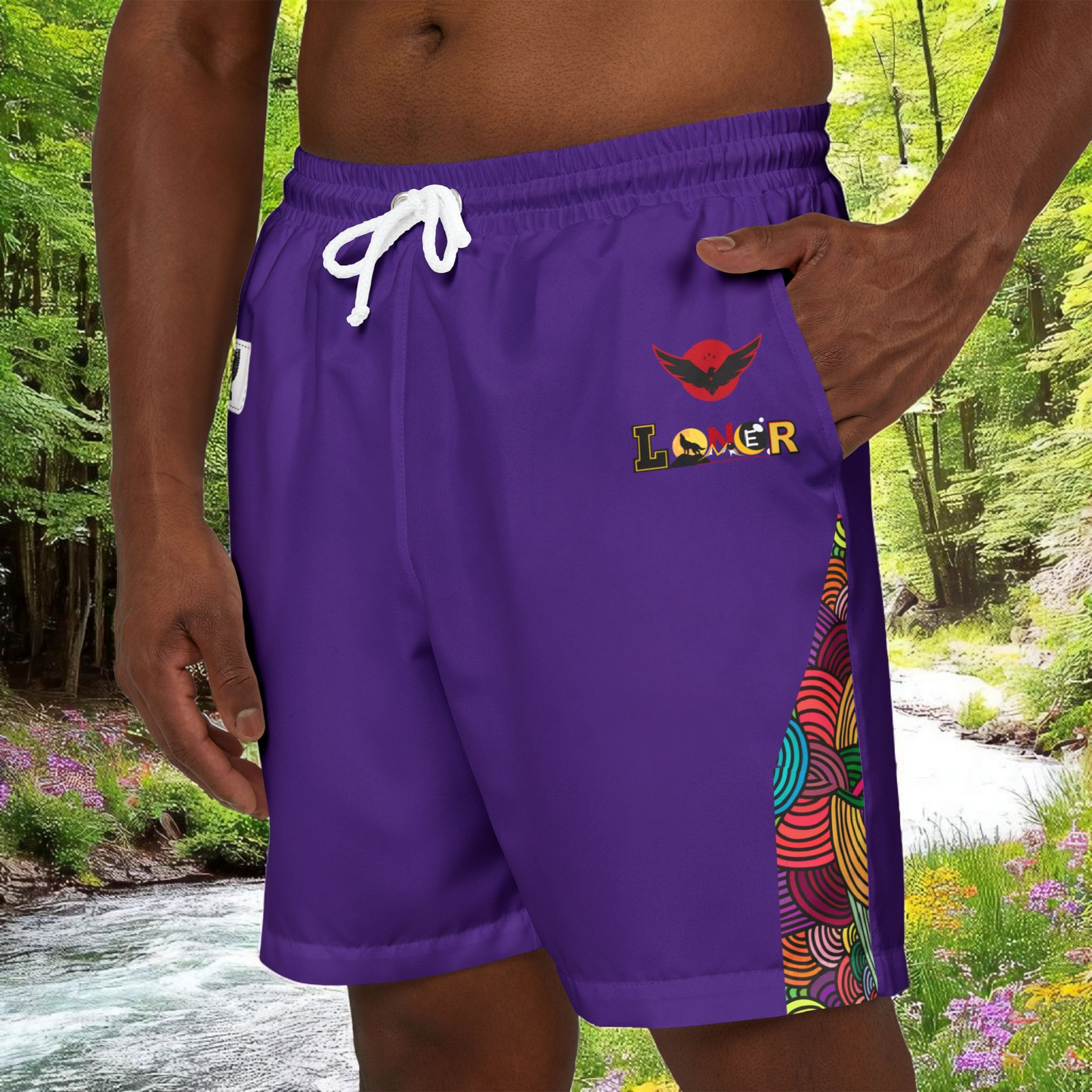 Badged Graphic Swim Shorts, Unisex Beachwear, Summer Essentials, Pool Party Attire