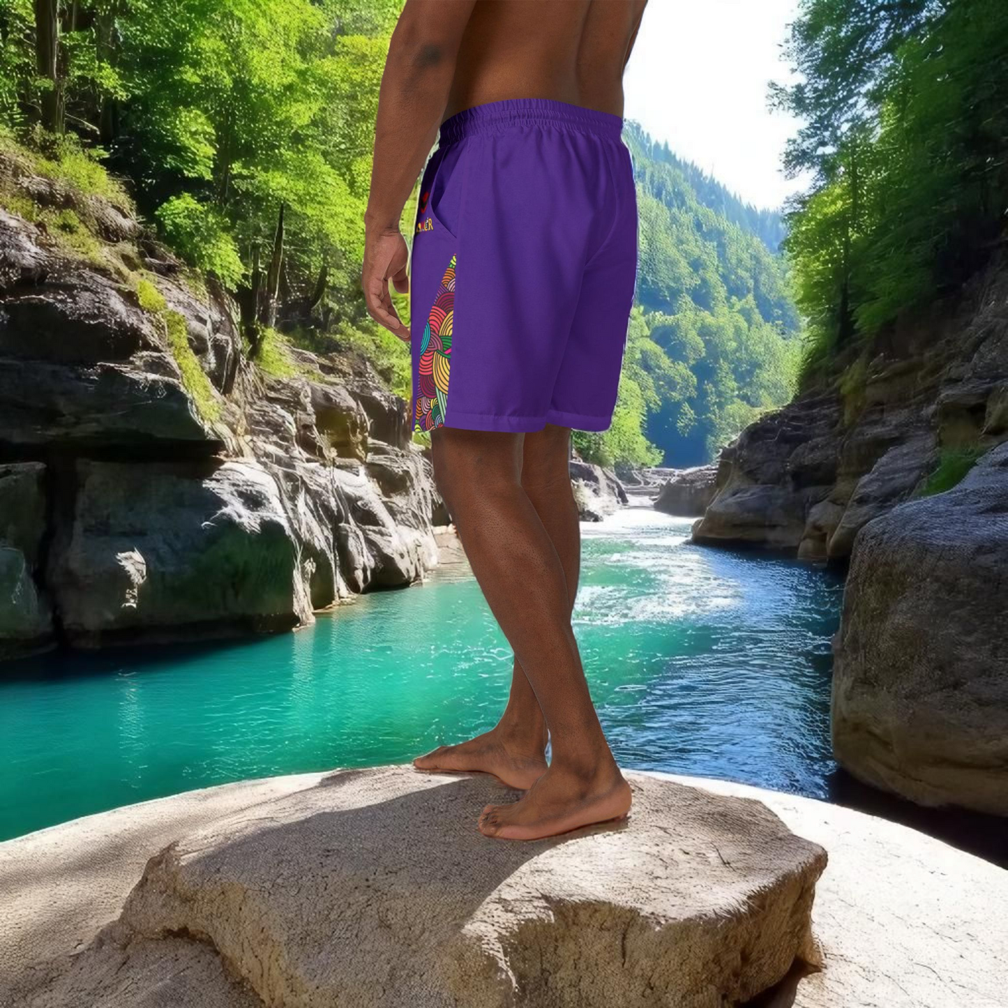 Badged Graphic Swim Shorts, Unisex Beachwear, Summer Essentials, Pool Party Attire
