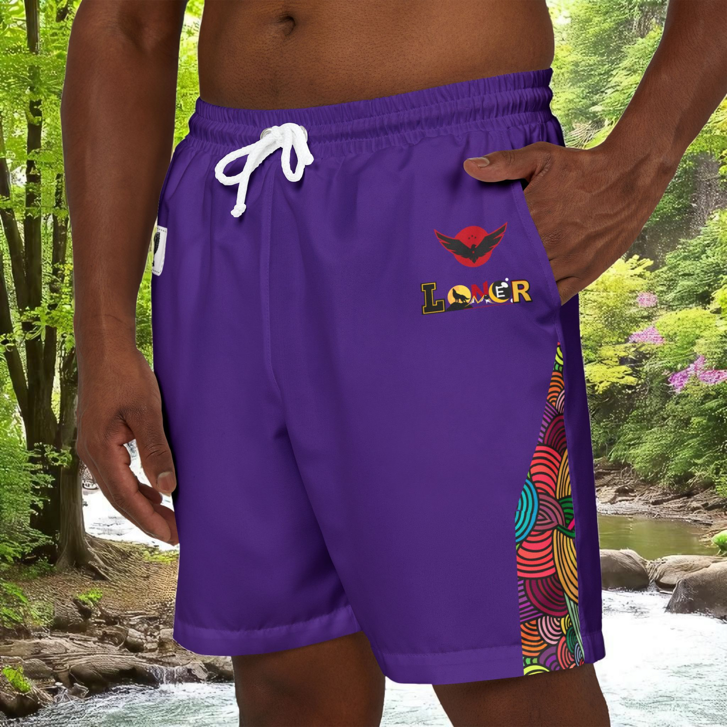 Badged Graphic Swim Shorts, Unisex Beachwear, Summer Essentials, Pool Party Attire