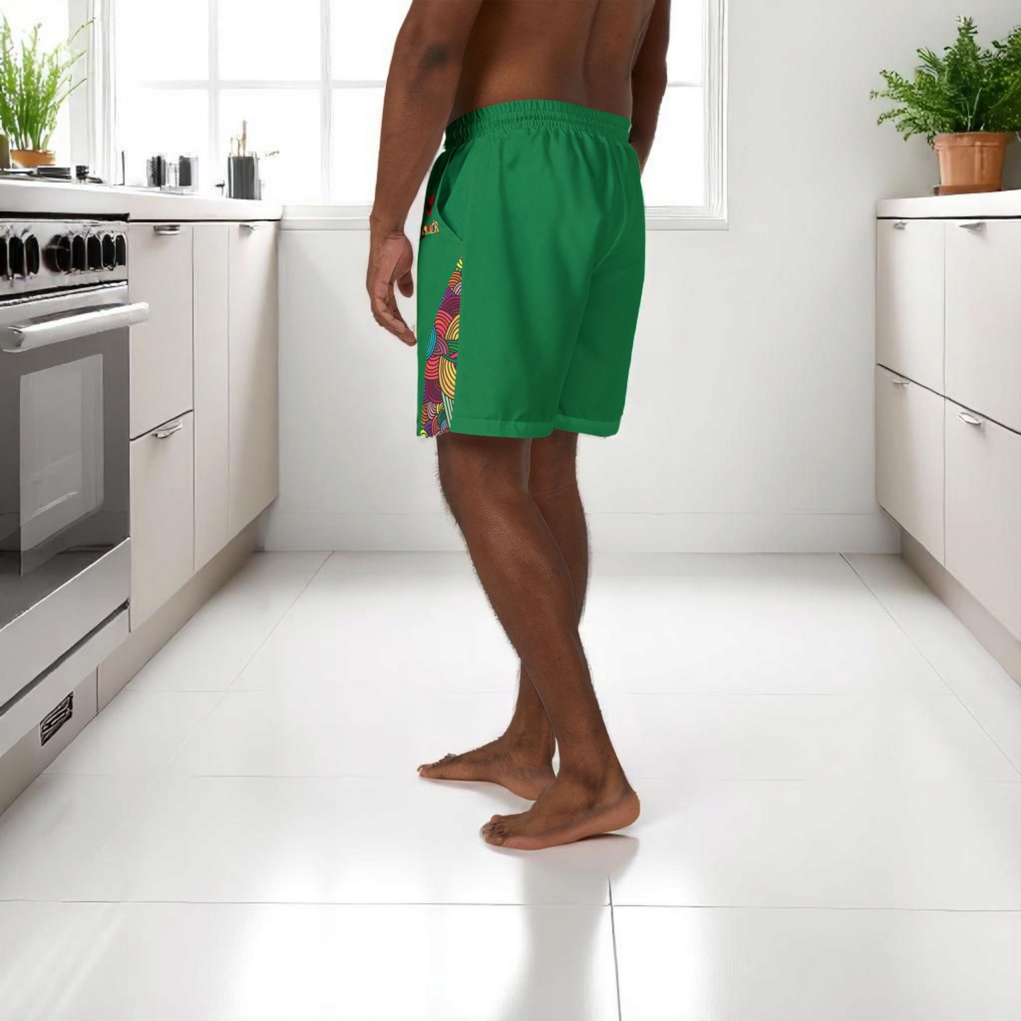 Badged Graphic Swim Shorts, Unisex Beachwear, Summer Essentials, Pool Party Attire