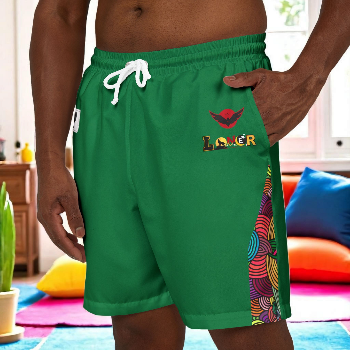 Badged Graphic Swim Shorts, Unisex Beachwear, Summer Essentials, Pool Party Attire