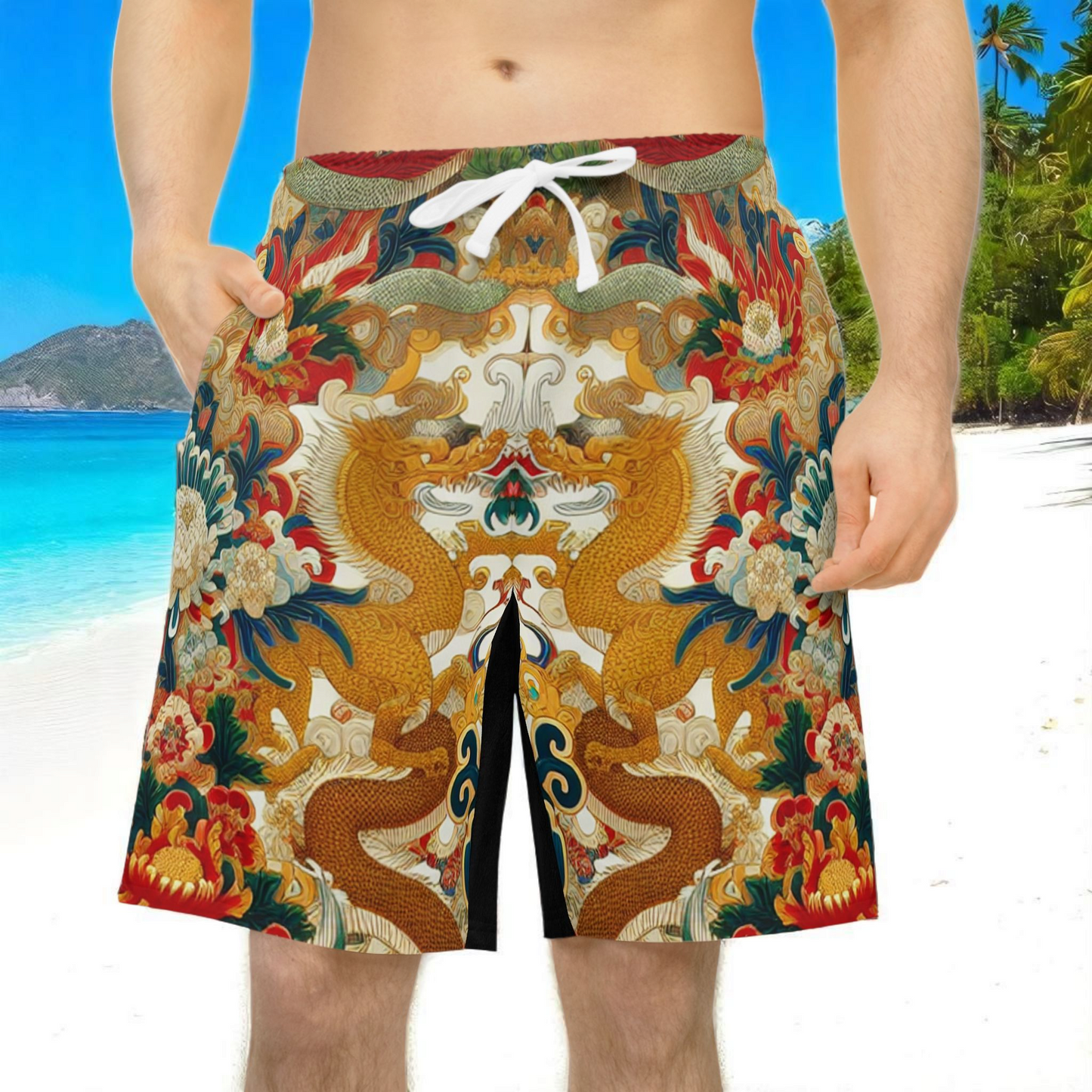 Vibrant Unisex Athletic Shorts for Summer Fun, Dragon Print Gym Shorts, Casual Long Shorts