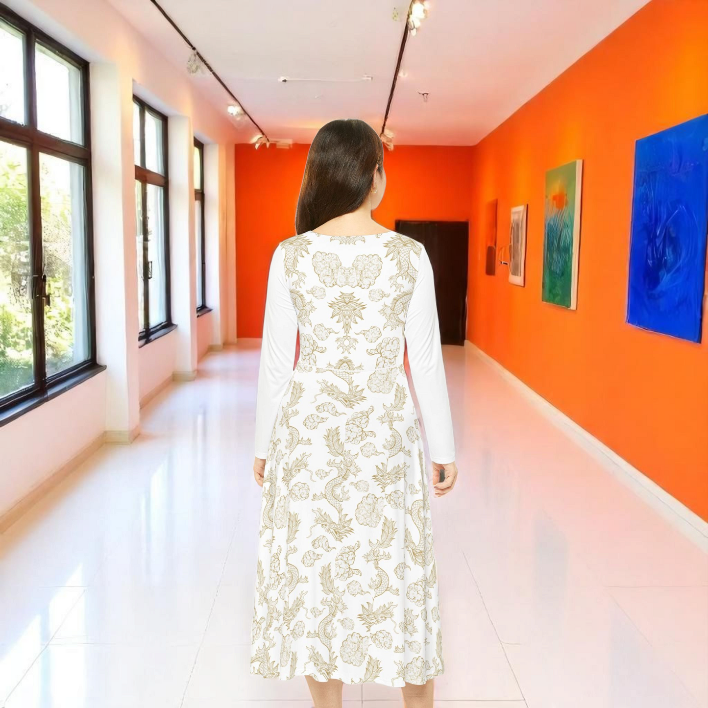 Elegant Dragon Print Long Sleeve Dance Dress | Boho Style, Dance Wear, Vintage Inspired