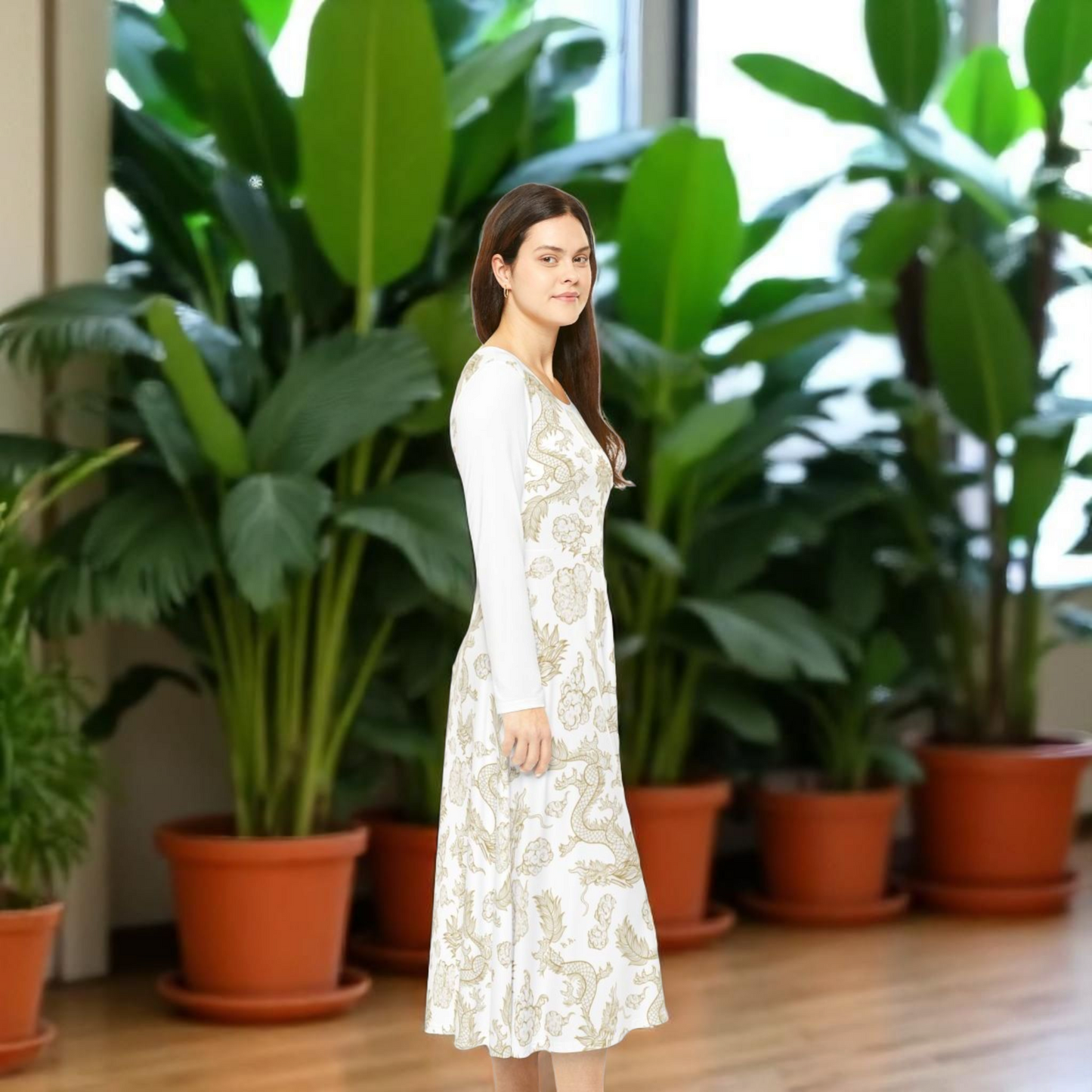 Elegant Dragon Print Long Sleeve Dance Dress | Boho Style, Dance Wear, Vintage Inspired