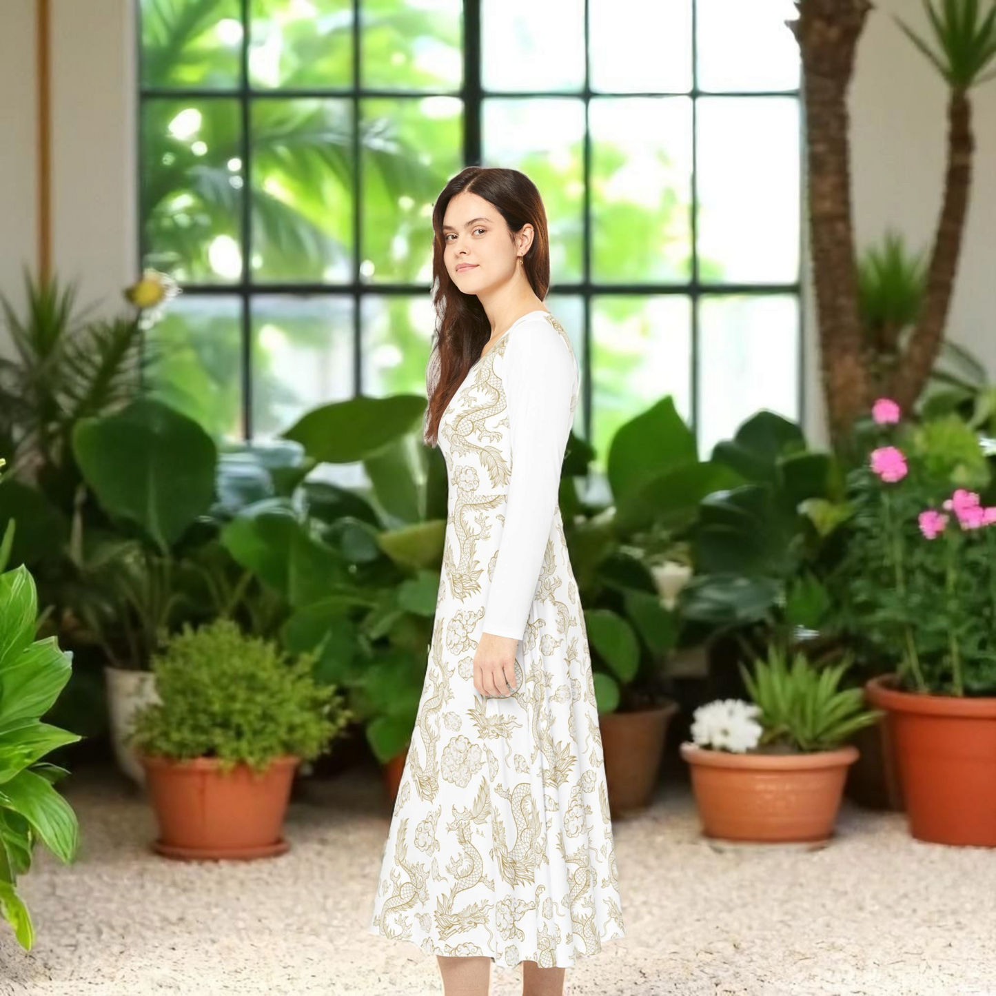 Elegant Dragon Print Long Sleeve Dance Dress | Boho Style, Dance Wear, Vintage Inspired