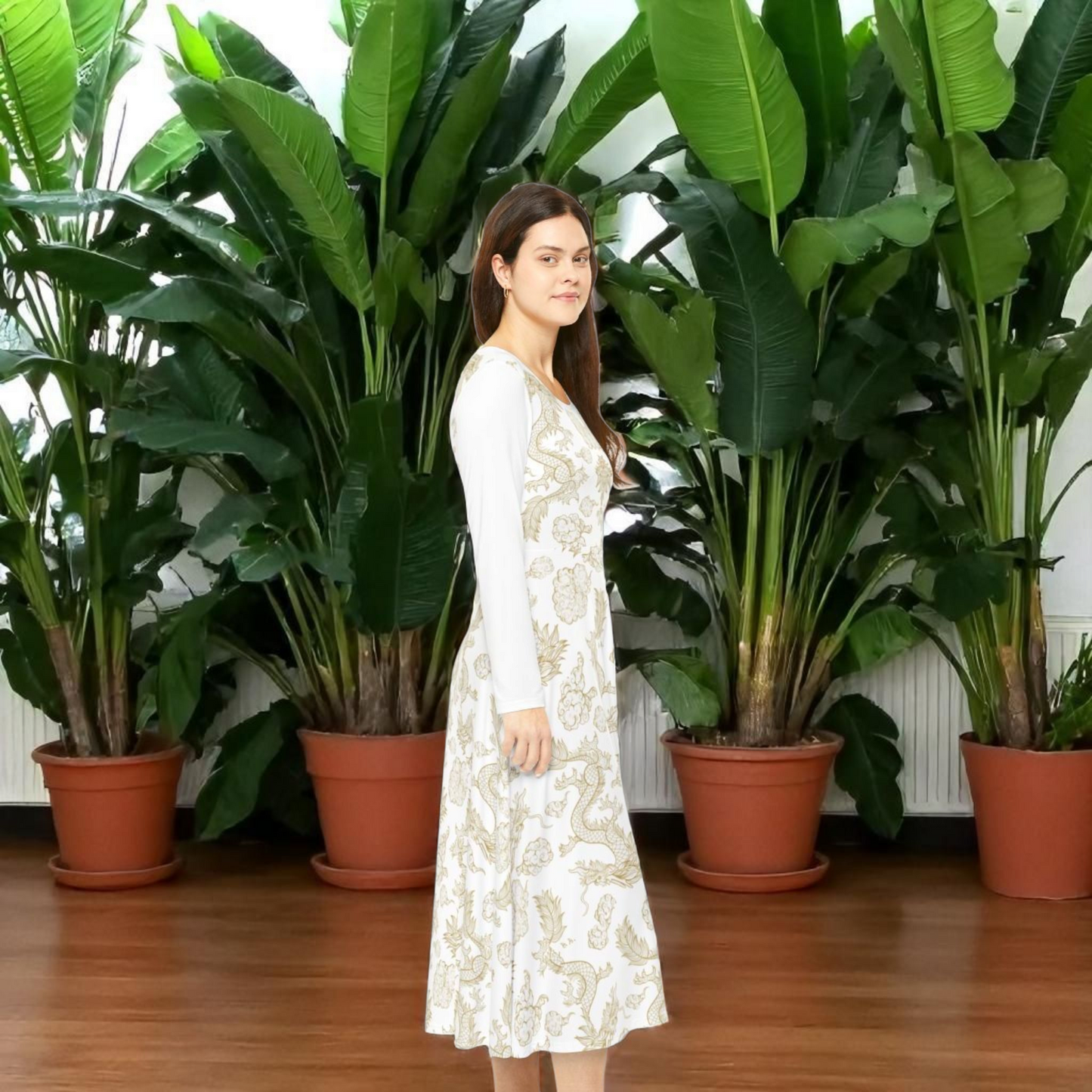 Elegant Dragon Print Long Sleeve Dance Dress | Boho Style, Dance Wear, Vintage Inspired