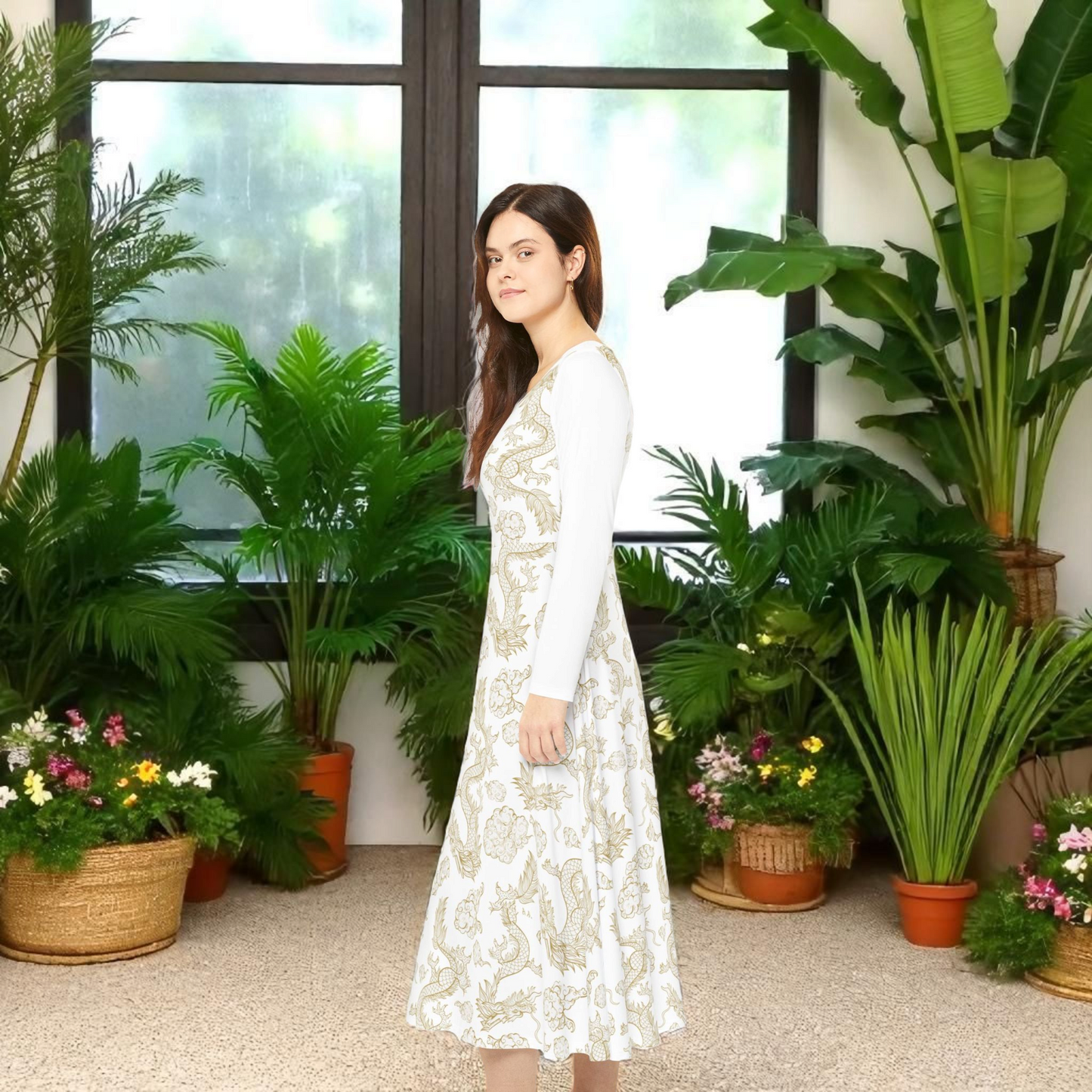 Elegant Dragon Print Long Sleeve Dance Dress | Boho Style, Dance Wear, Vintage Inspired