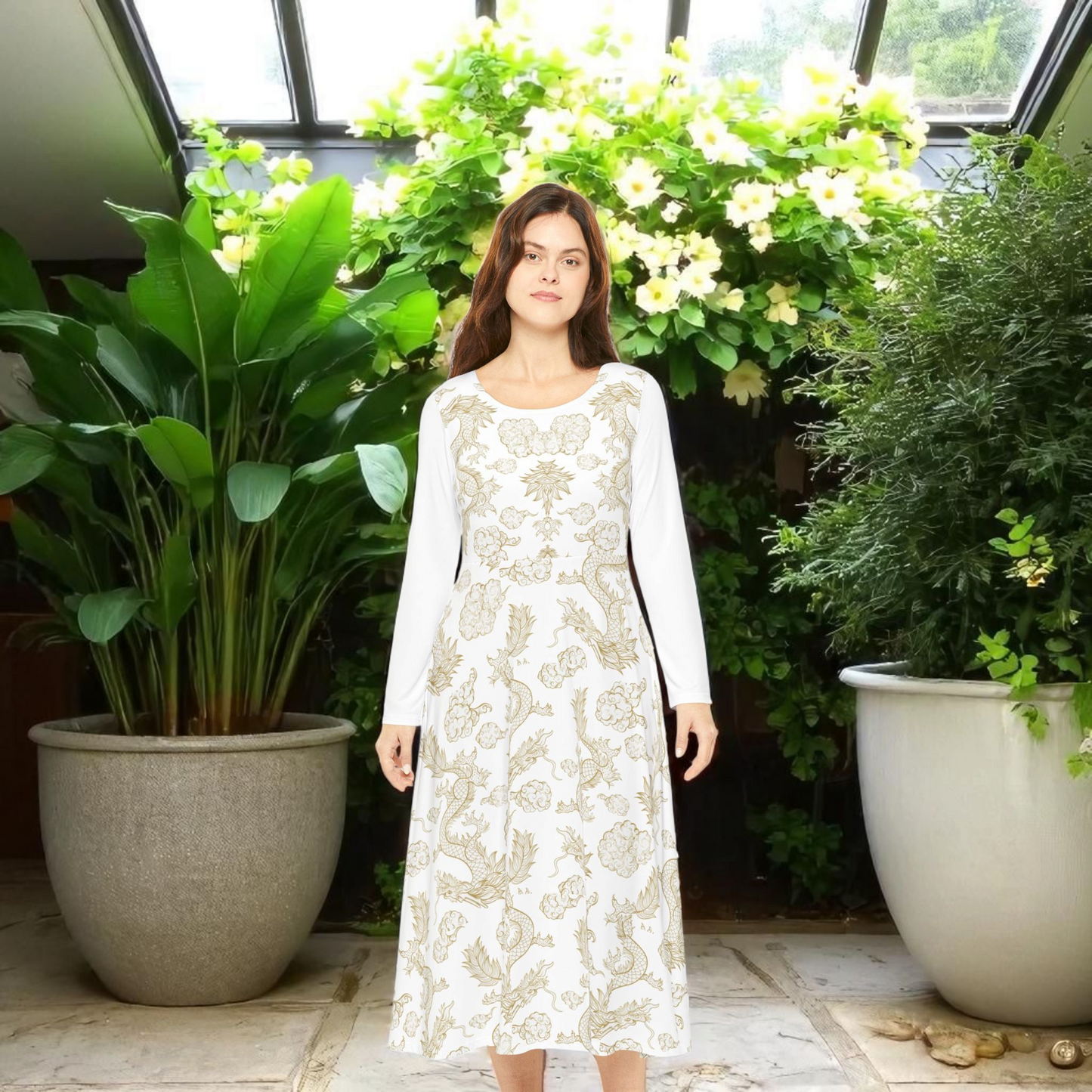 Elegant Dragon Print Long Sleeve Dance Dress | Boho Style, Dance Wear, Vintage Inspired