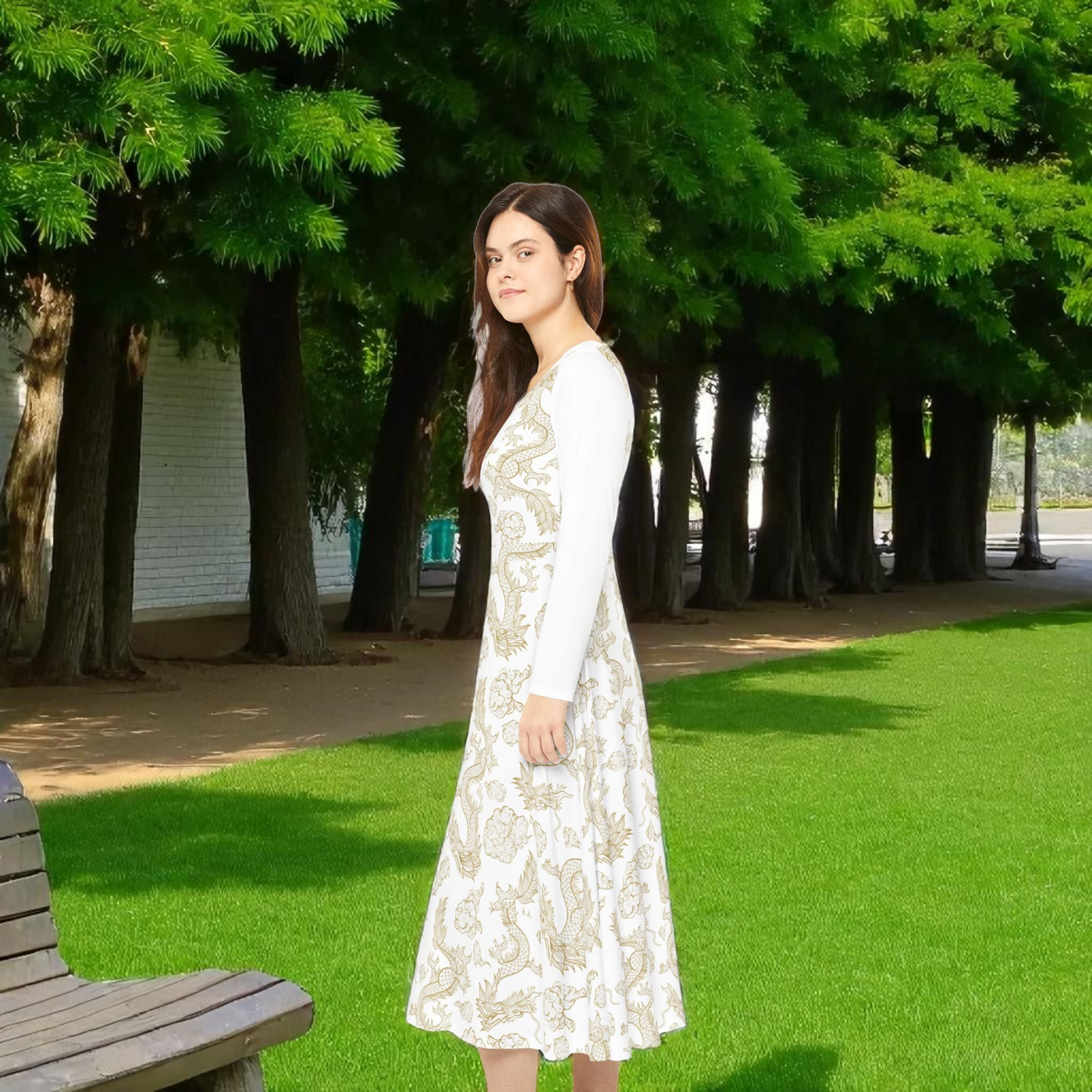 Elegant Dragon Print Long Sleeve Dance Dress | Boho Style, Dance Wear, Vintage Inspired