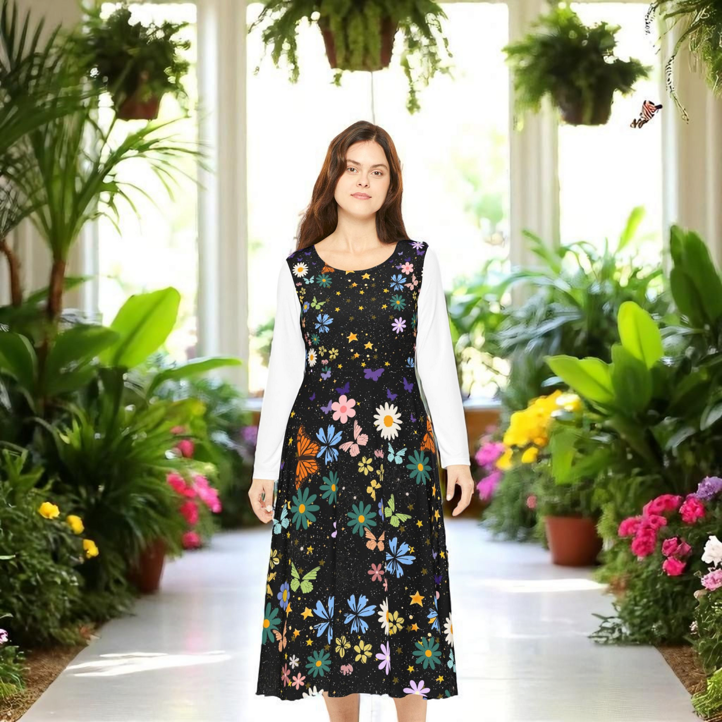 Celestial Floral Long Sleeve Dance Dress - Perfect for Parties, Events, Spring Celebrations