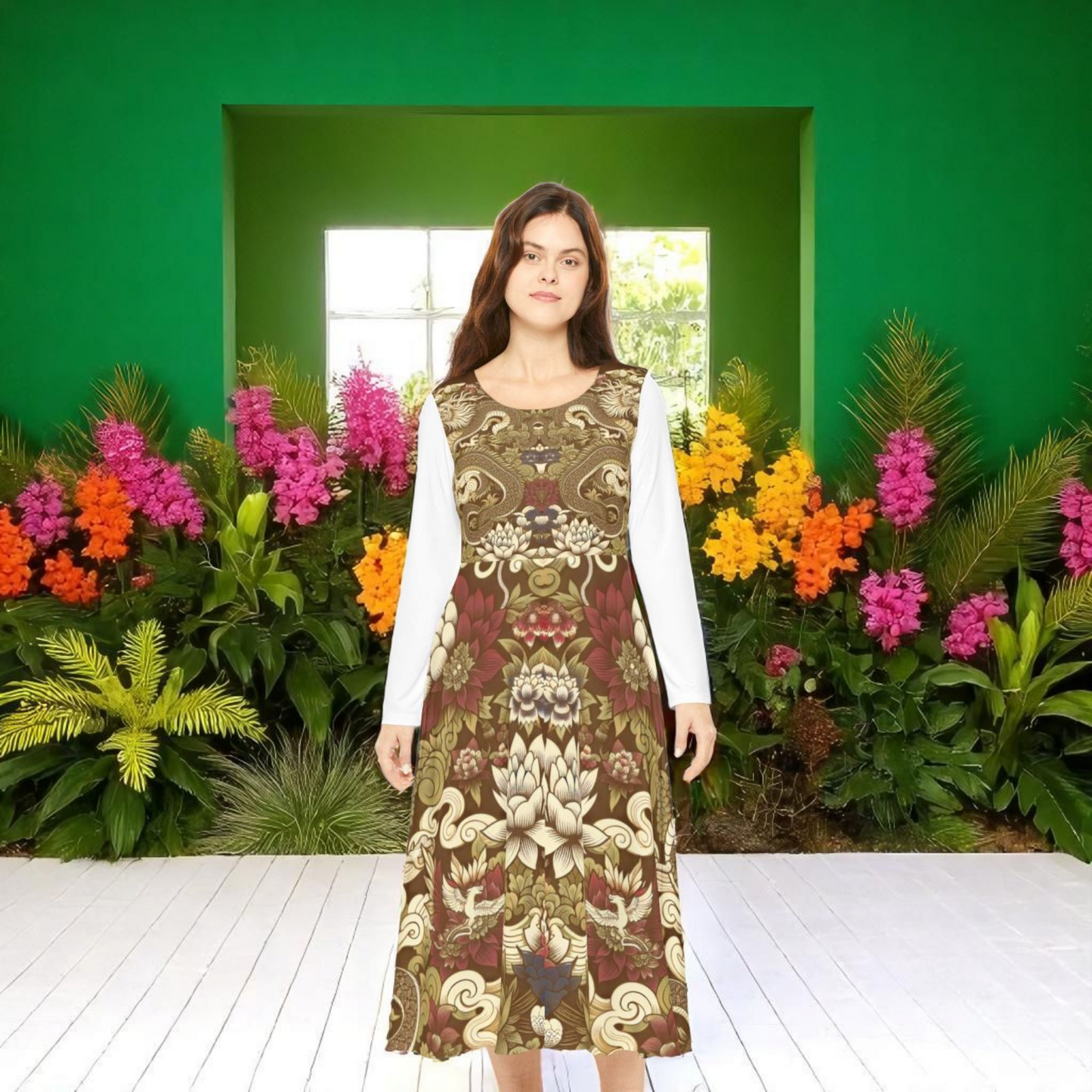 Elegant Floral Print Long Sleeve Dance Dress, Perfect for Parties, Dance Recitals