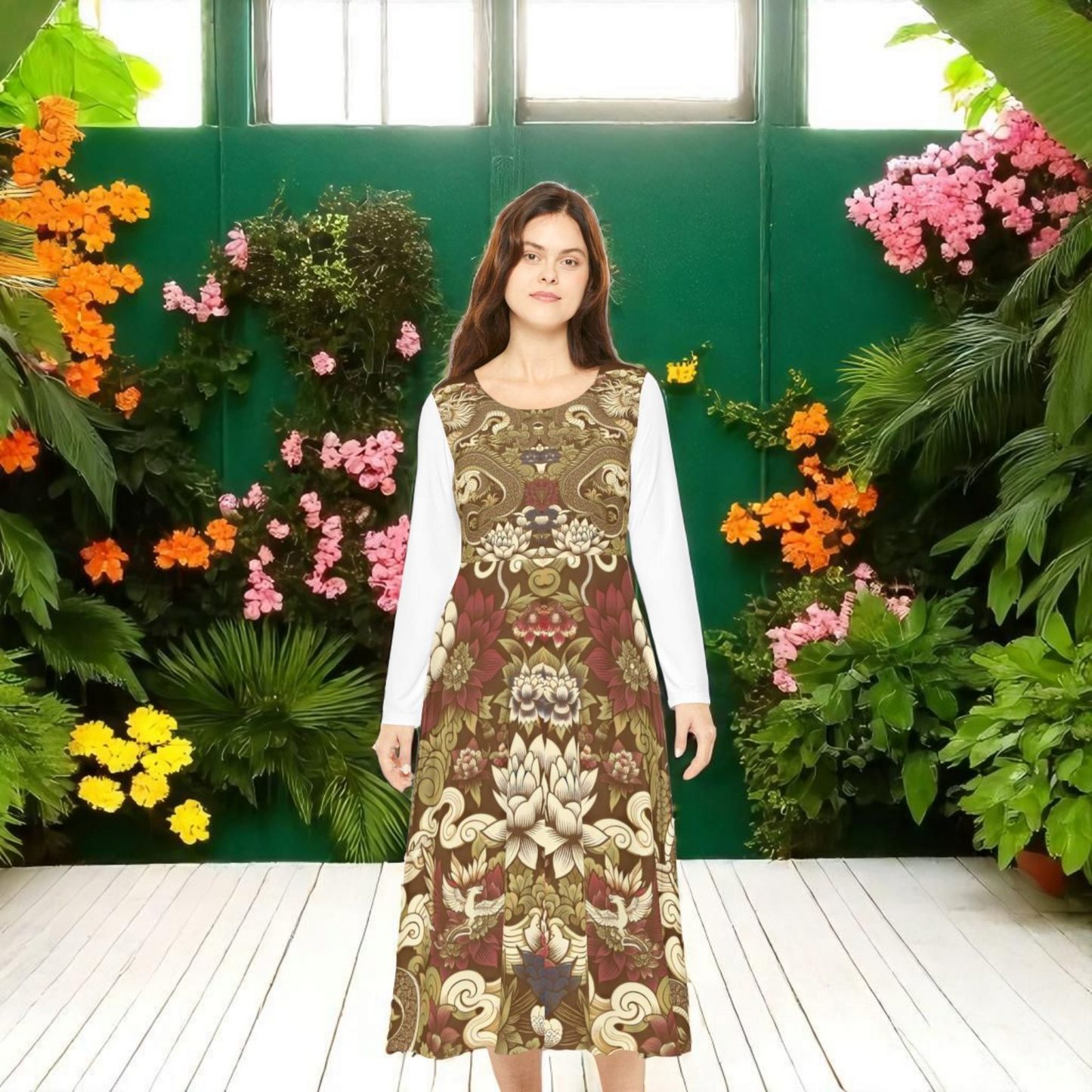 Elegant Floral Print Long Sleeve Dance Dress, Perfect for Parties, Dance Recitals