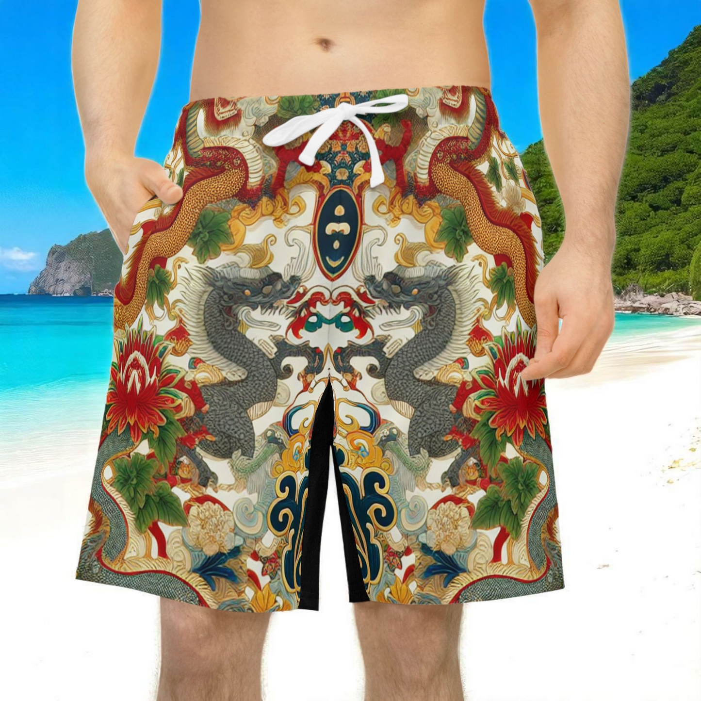 Vibrant Unisex Athletic Shorts for Summer Fun, Dragon Print Gym Shorts, Casual Long Shorts