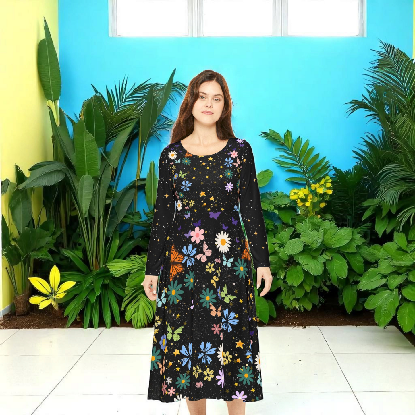 Celestial Floral Long Sleeve Dance Dress - Perfect for Parties, Events, Spring Celebrations