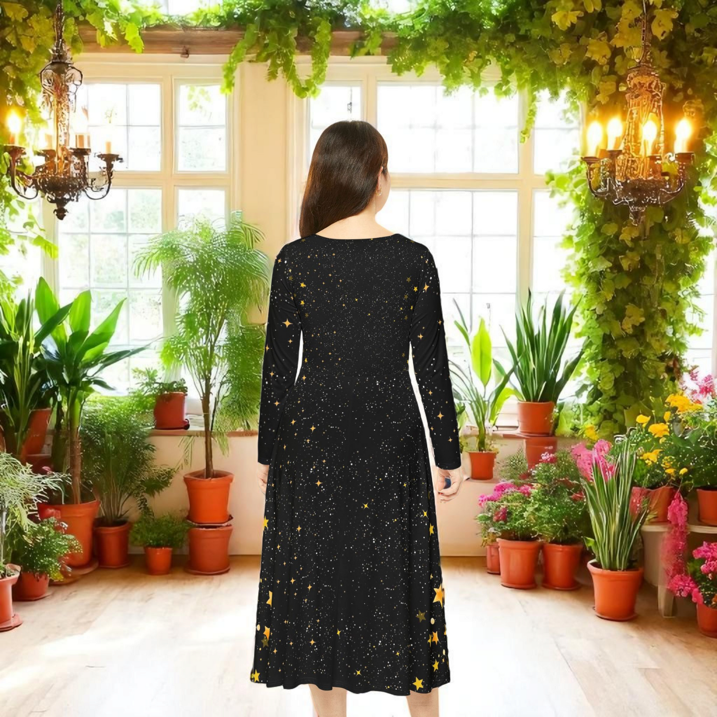 Celestial Floral Long Sleeve Dance Dress - Perfect for Parties, Events, Spring Celebrations