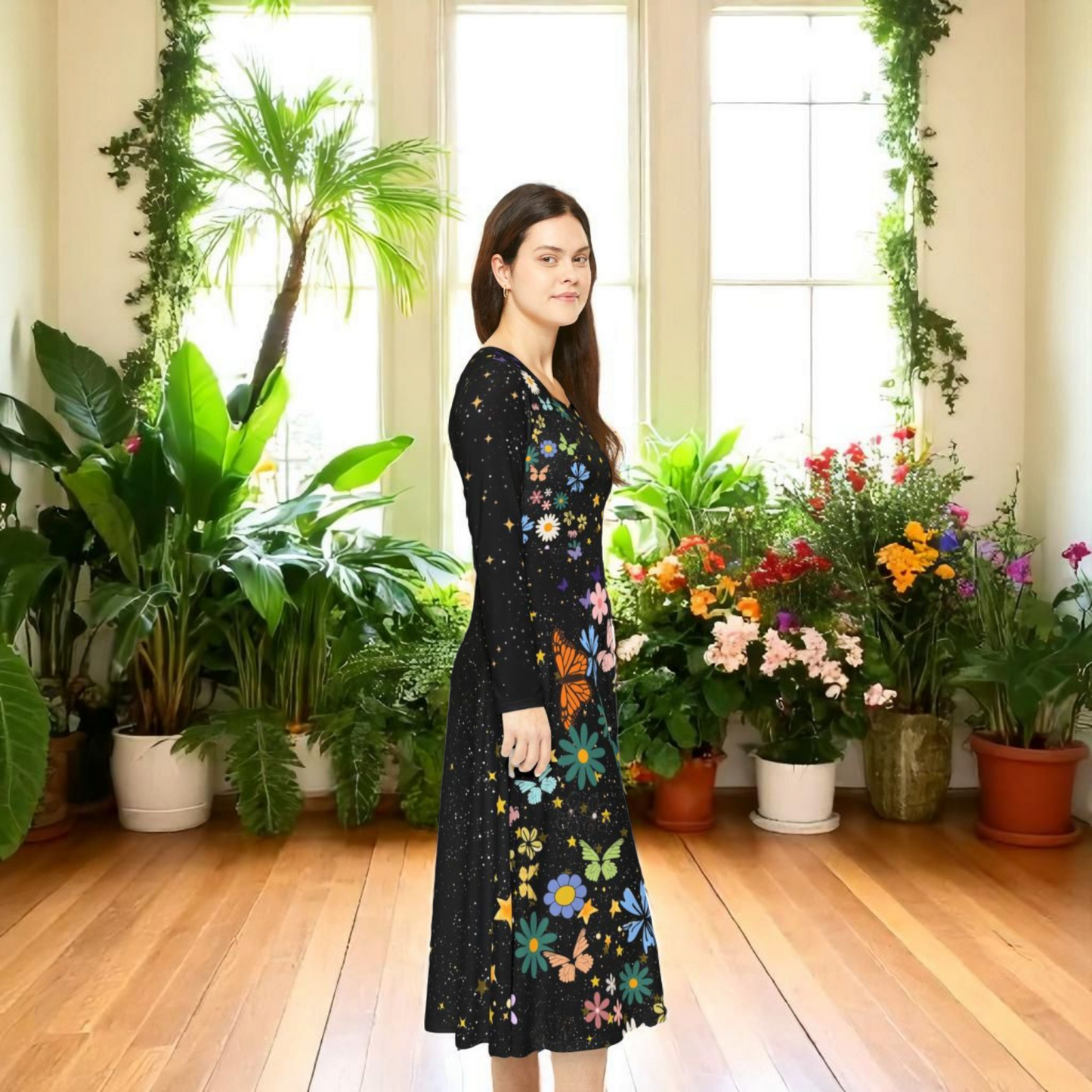 Celestial Floral Long Sleeve Dance Dress - Perfect for Parties, Events, Spring Celebrations
