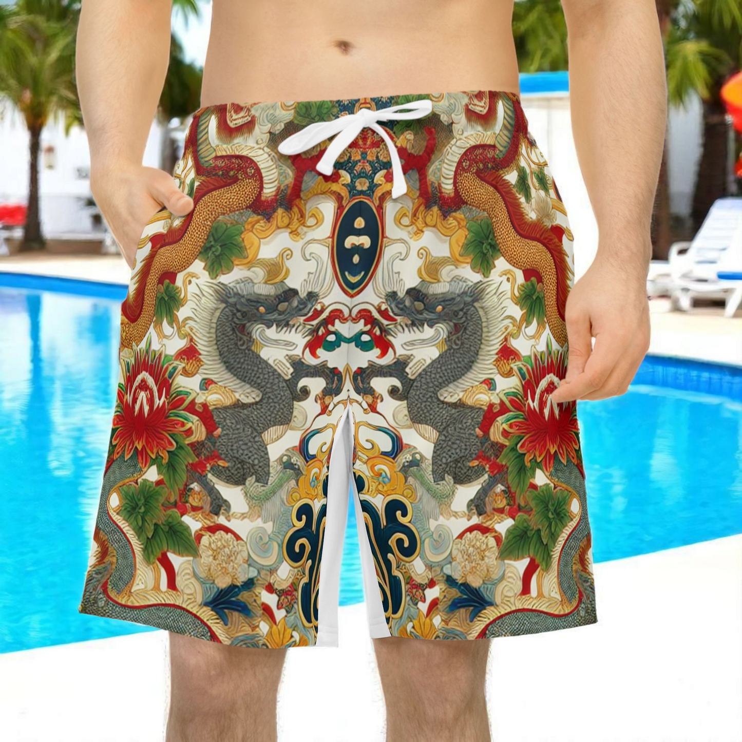 Unisex Athletic Shorts for Summer Fun, Dragon Print Gym Shorts, Casual Long Shorts