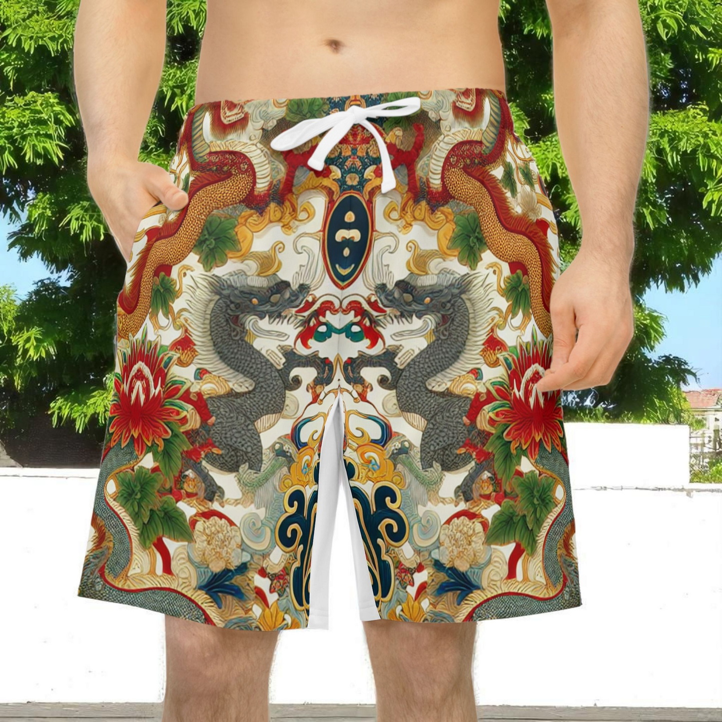 Unisex Athletic Shorts for Summer Fun, Dragon Print Gym Shorts, Casual Long Shorts