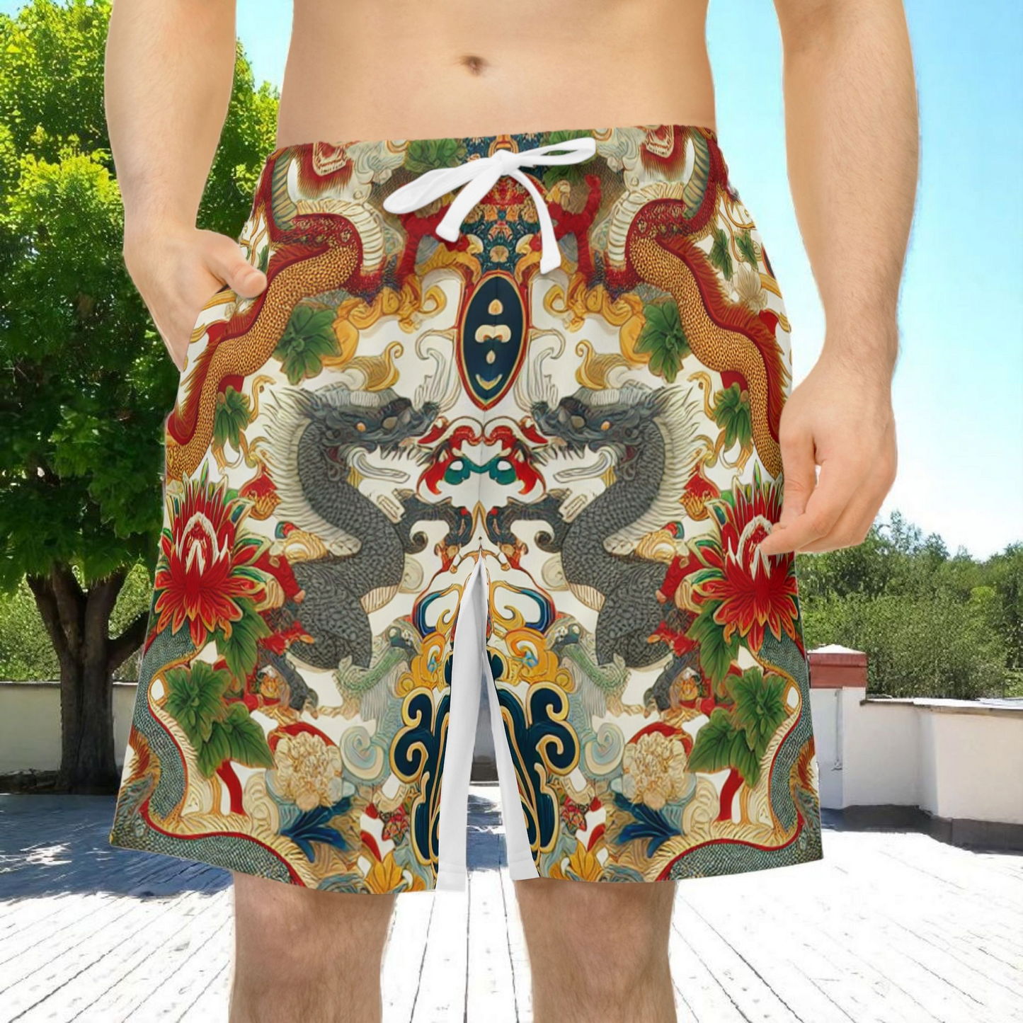 Unisex Athletic Shorts for Summer Fun, Dragon Print Gym Shorts, Casual Long Shorts