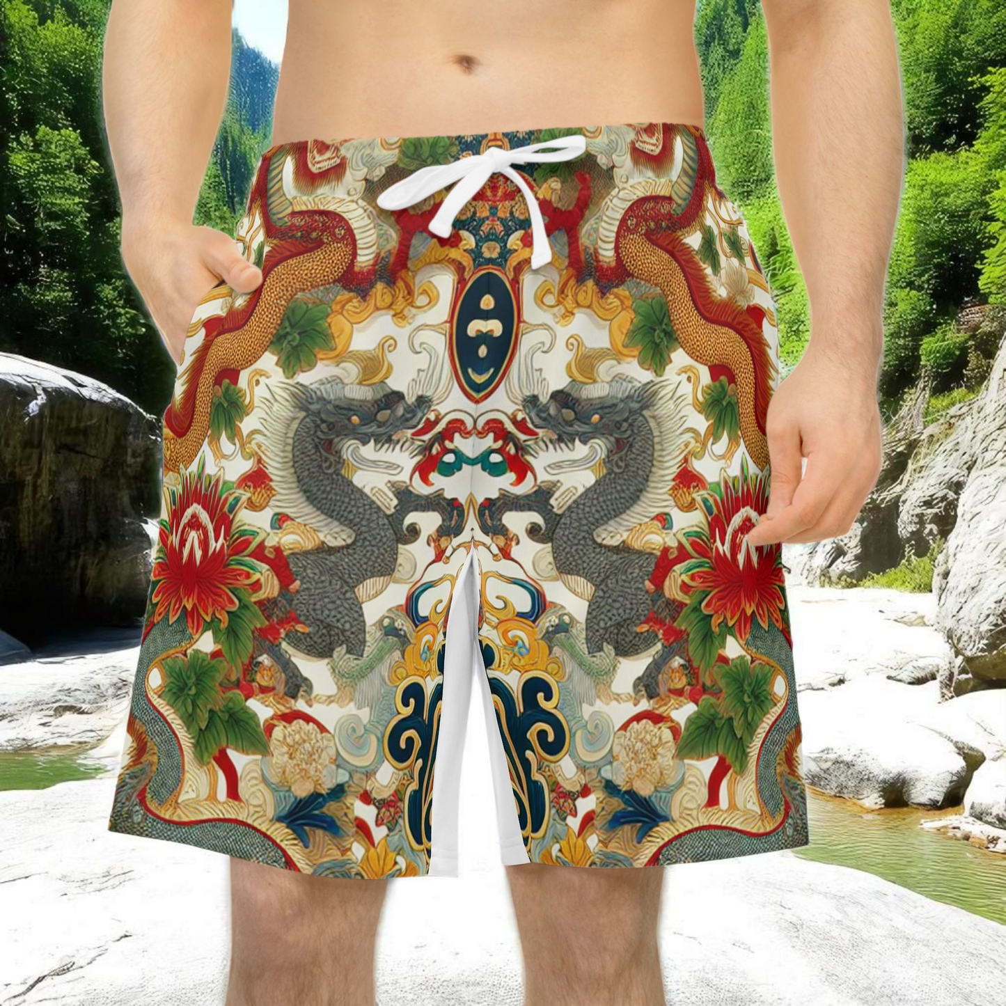 Unisex Athletic Shorts for Summer Fun, Dragon Print Gym Shorts, Casual Long Shorts