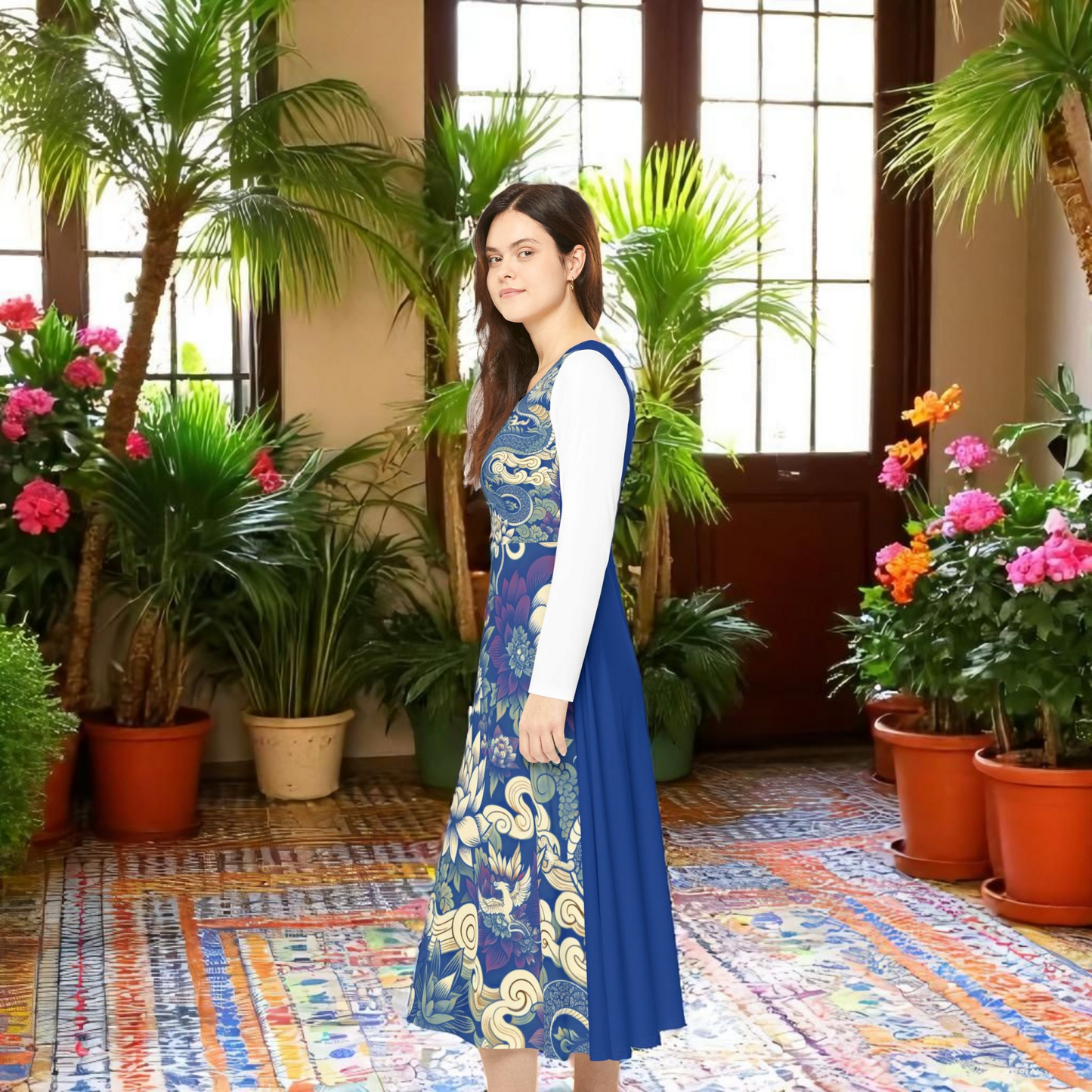 Unique Elegant Floral Print Long Sleeve Dance Dress, Perfect for Parties, Comfortable Fit