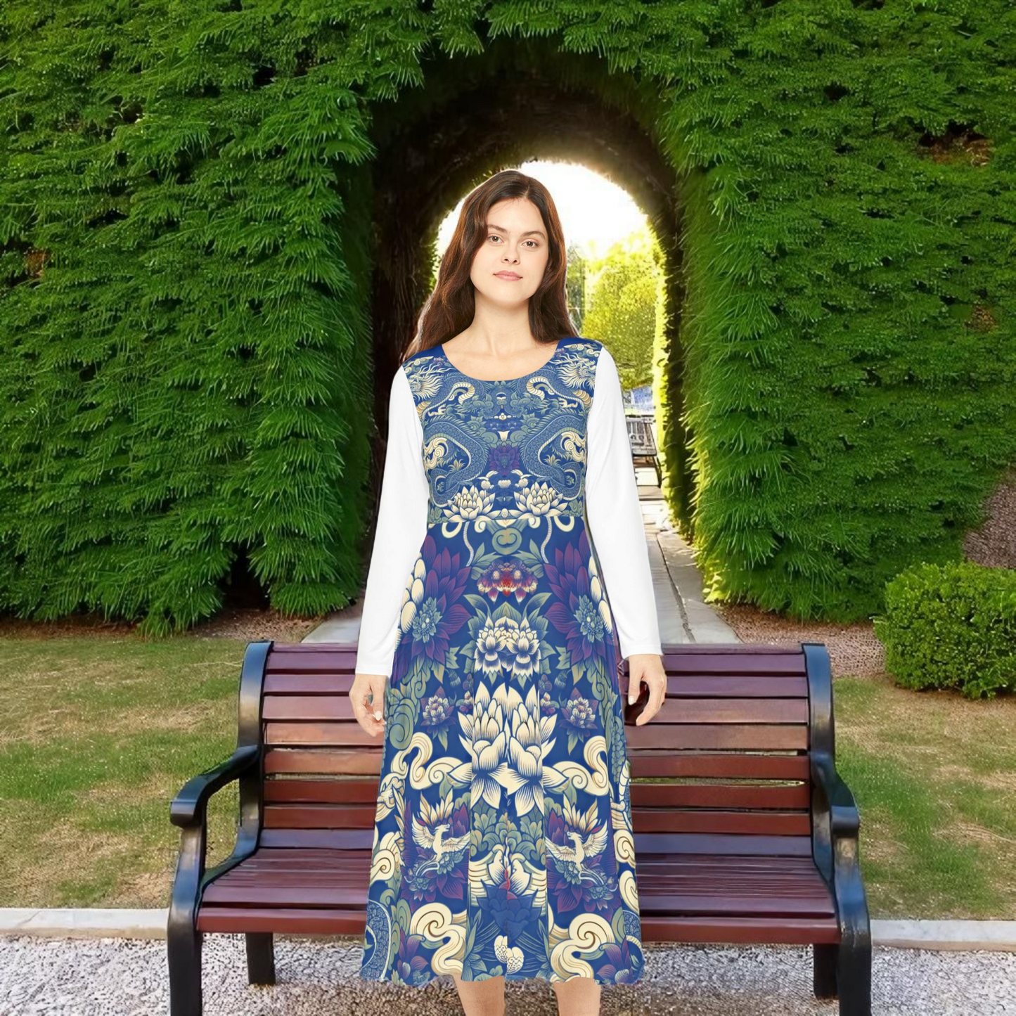 Unique Elegant Floral Print Long Sleeve Dance Dress, Perfect for Parties, Comfortable Fit