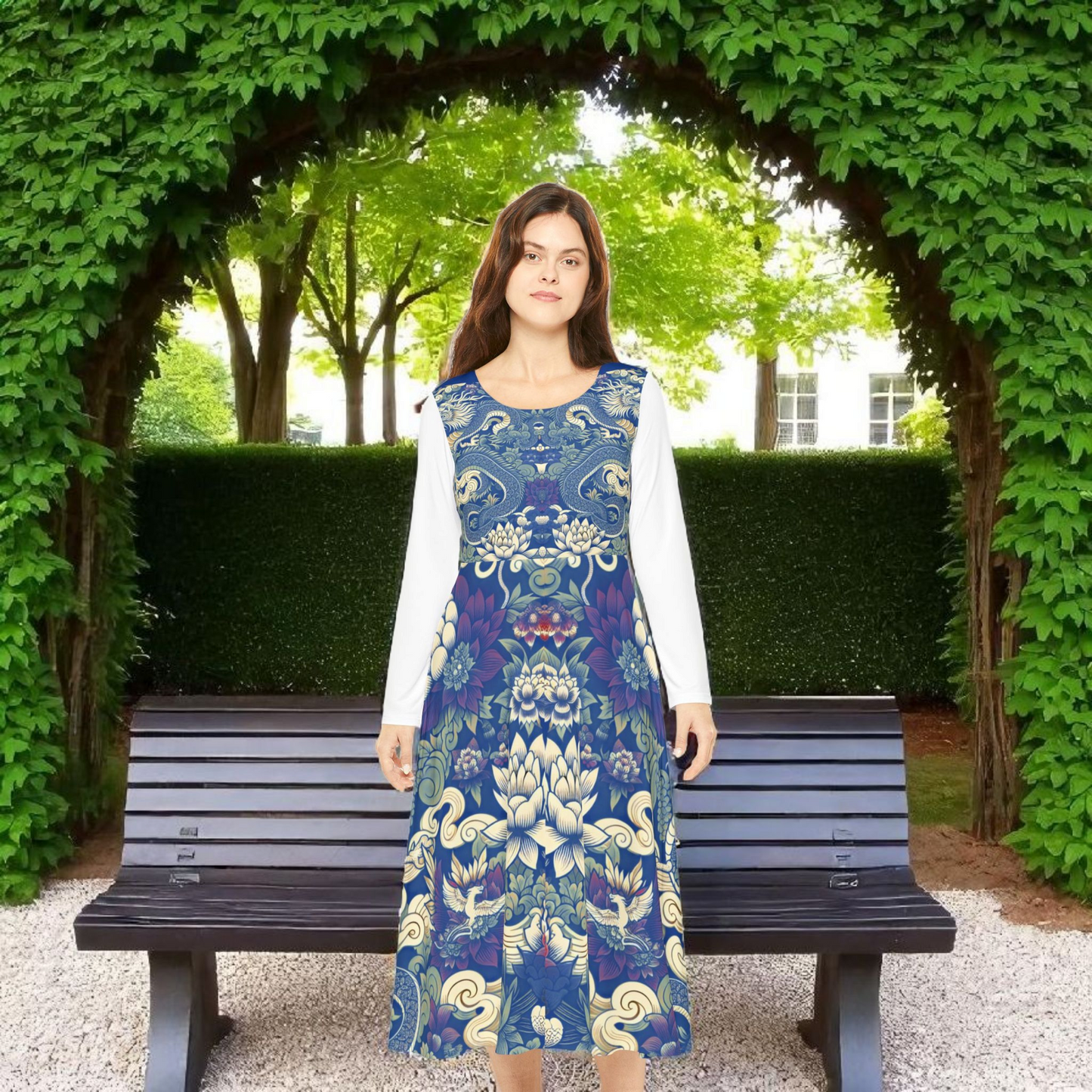 Unique Elegant Floral Print Long Sleeve Dance Dress, Perfect for Parties, Comfortable Fit