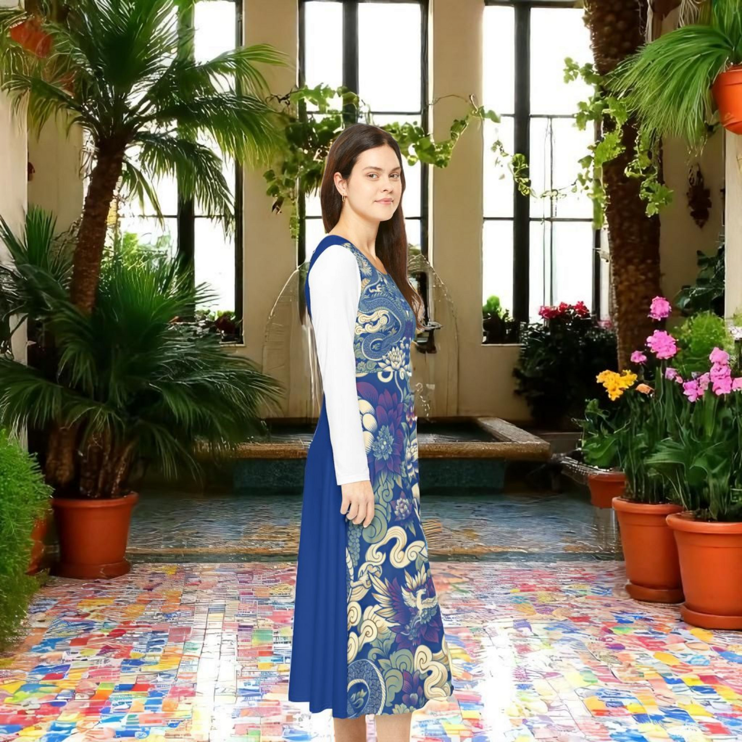 Unique Elegant Floral Print Long Sleeve Dance Dress, Perfect for Parties, Comfortable Fit