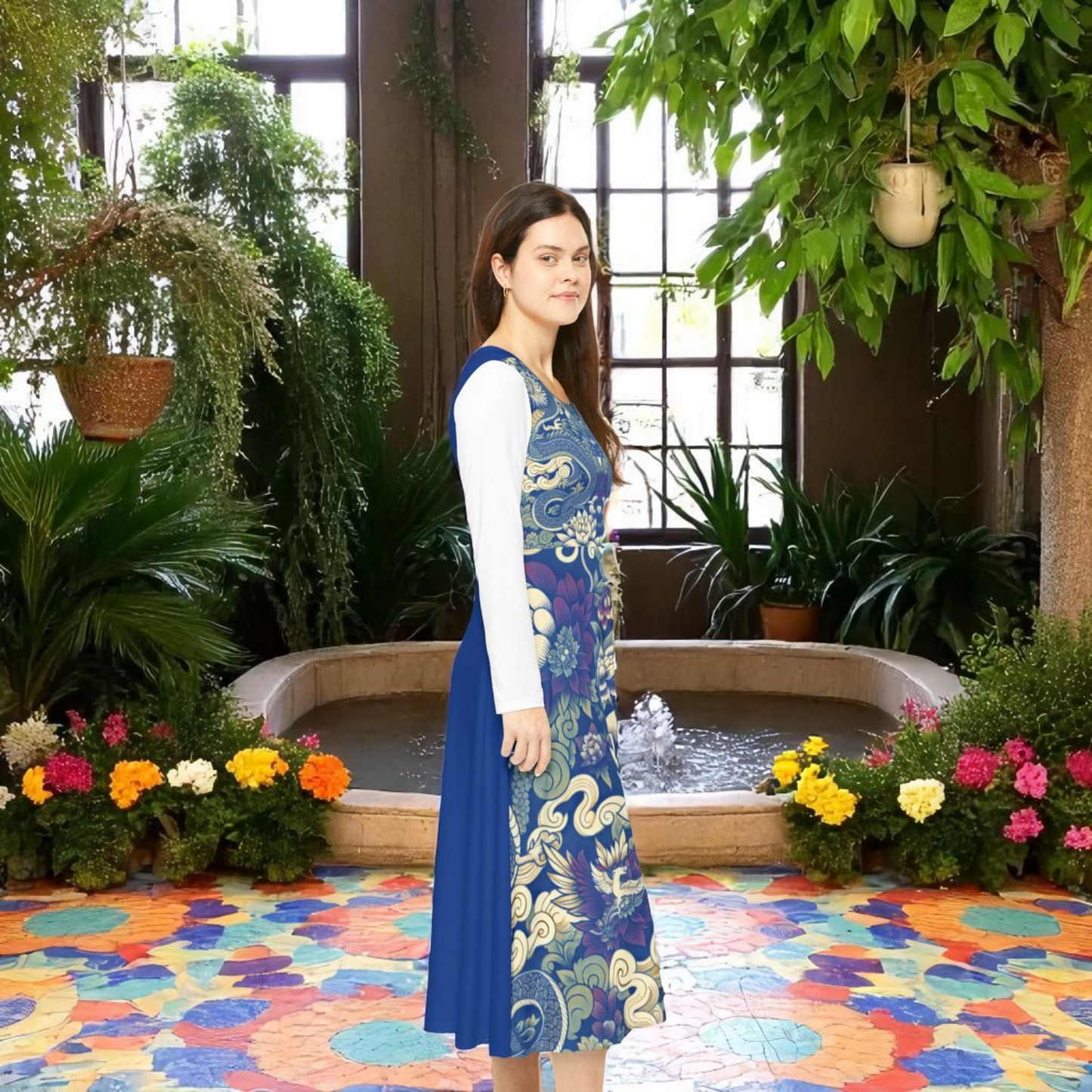 Unique Elegant Floral Print Long Sleeve Dance Dress, Perfect for Parties, Comfortable Fit