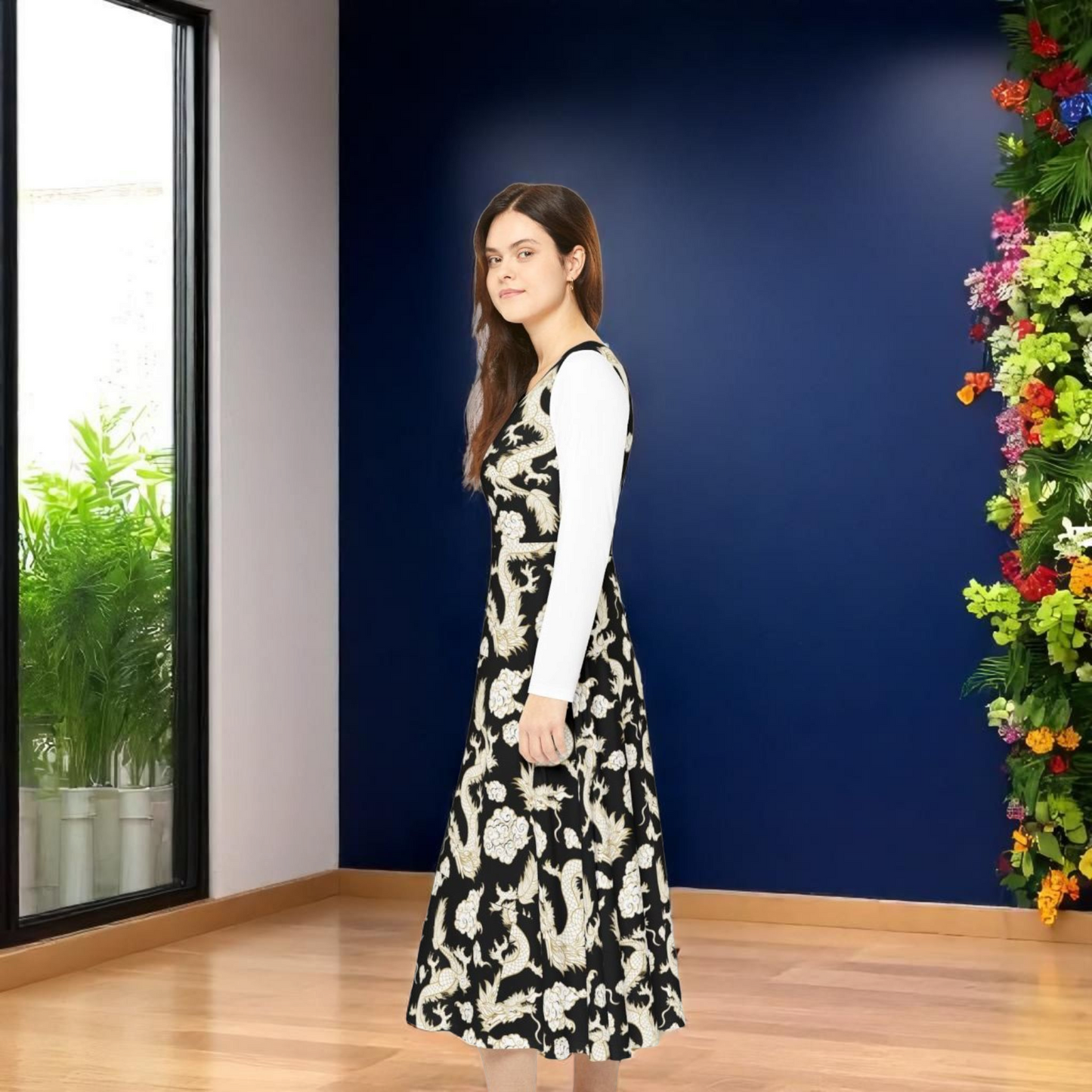 Elegant Dragon Print Long Sleeve Dance Dress | Boho Style, Dance Wear, Vintage Inspired