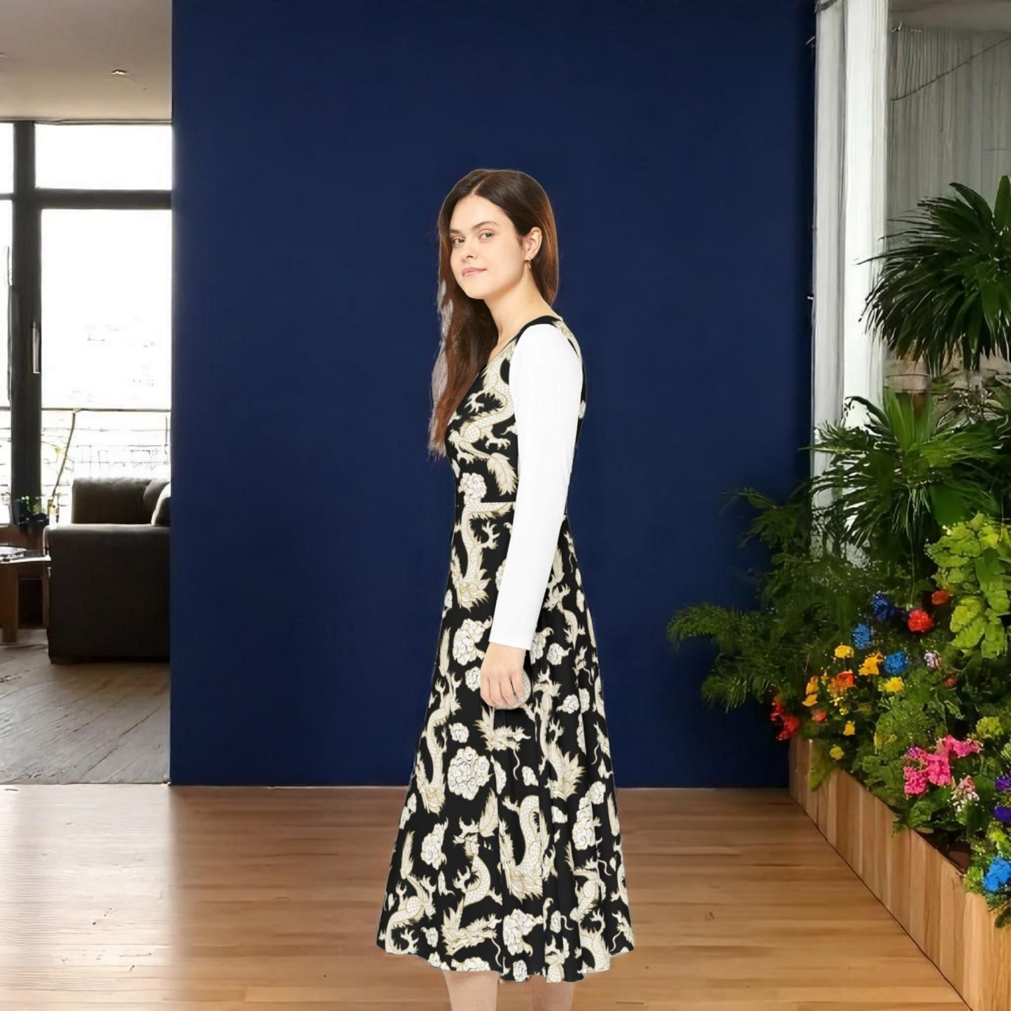Elegant Dragon Print Long Sleeve Dance Dress | Boho Style, Dance Wear, Vintage Inspired