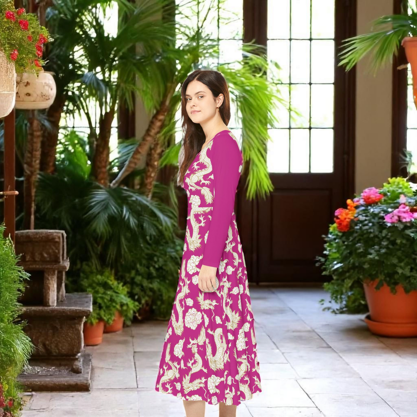 Pink Floral & Gragon Print Long Sleeve Dance Dress | Boho Style, Vintage Inspired
