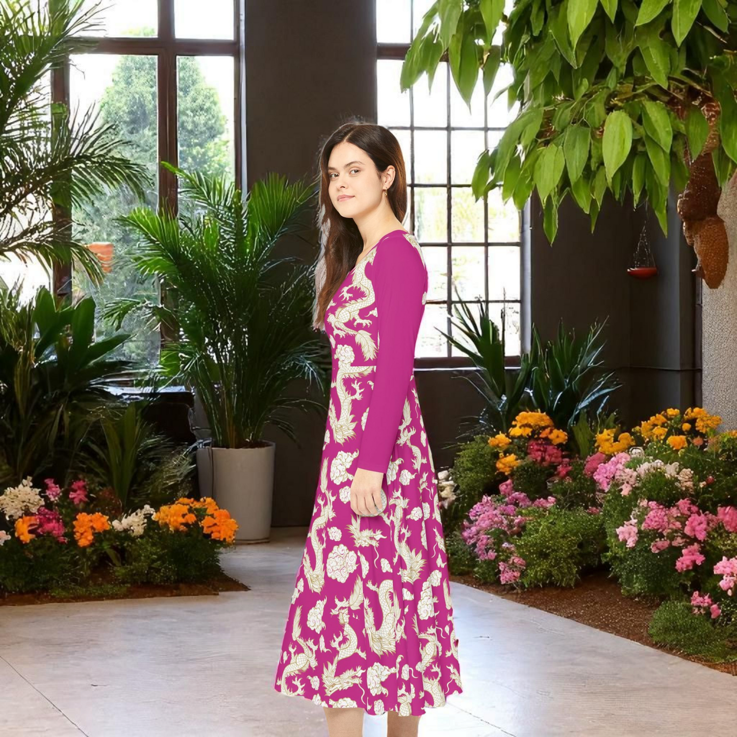 Pink Floral & Gragon Print Long Sleeve Dance Dress | Boho Style, Vintage Inspired