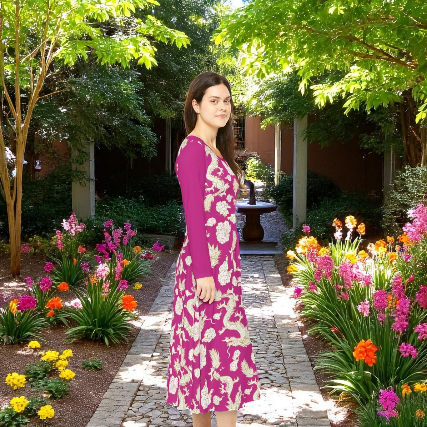 Pink Floral & Gragon Print Long Sleeve Dance Dress | Boho Style, Vintage Inspired