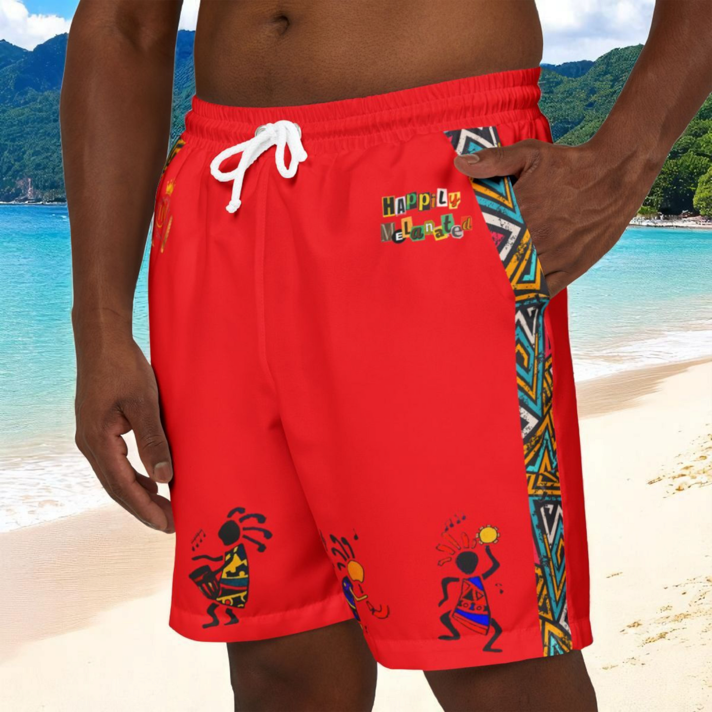Unisex Afro Boho Swim Shorts with Colorful Tribal Prints, Summer Beachwear