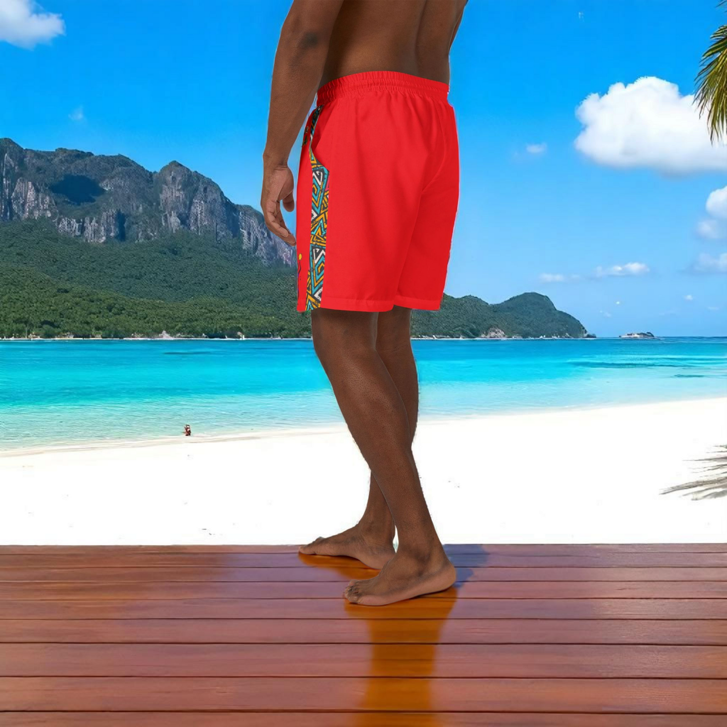 Unisex Afro Boho Swim Shorts with Colorful Tribal Prints, Summer Beachwear