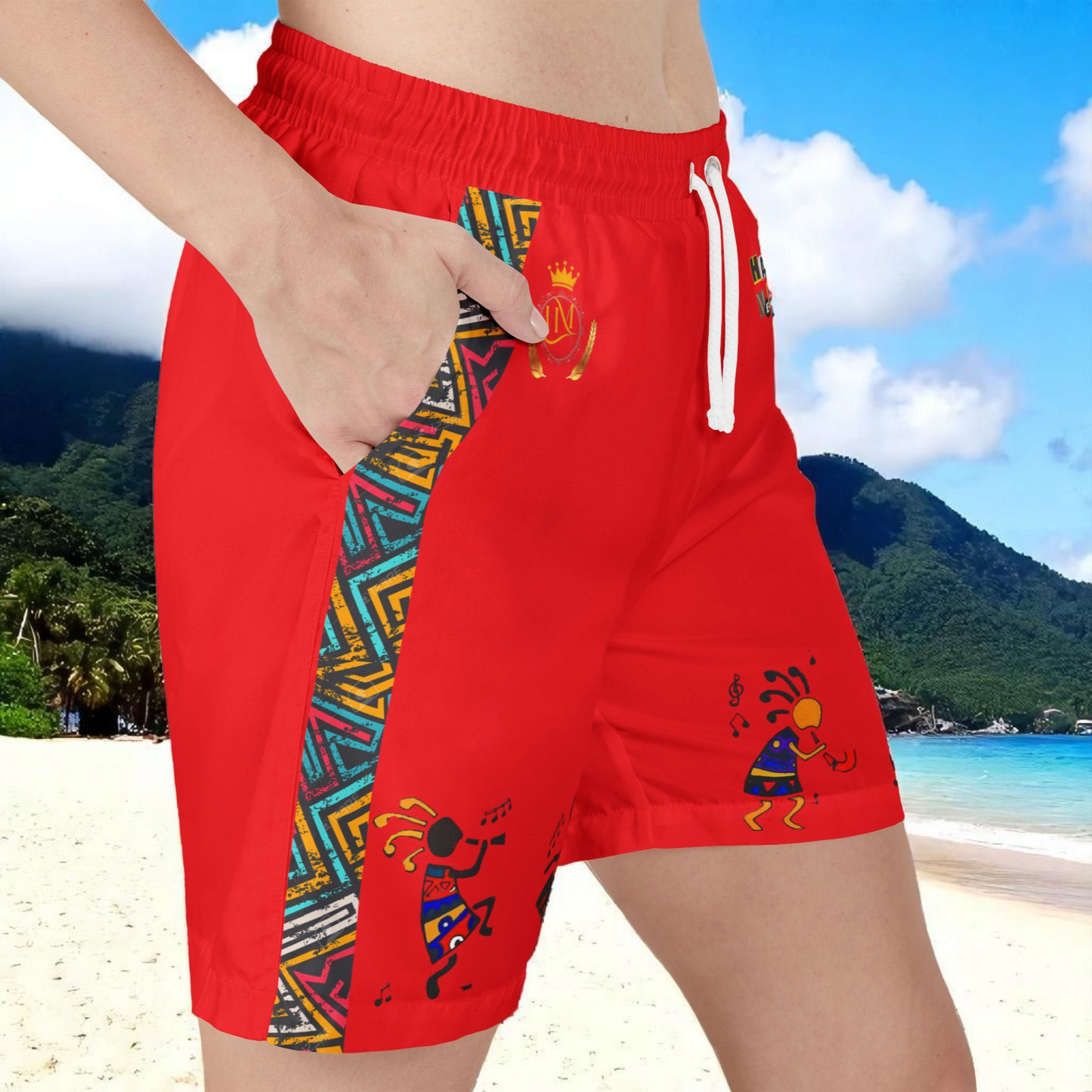 Unisex Afro Boho Swim Shorts with Colorful Tribal Prints, Summer Beachwear