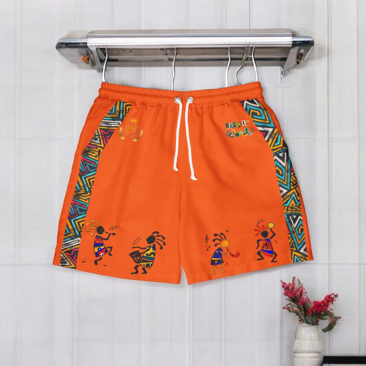 Unisex Afro Boho Swim Shorts with Colorful Tribal Prints, Summer Beachwear
