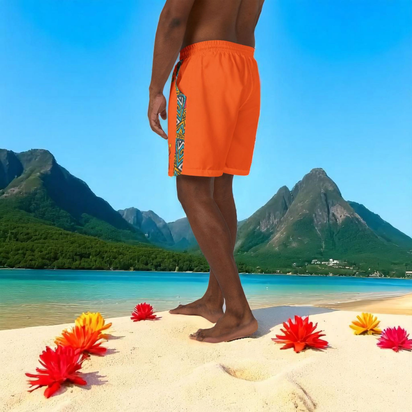 Unisex Afro Boho Swim Shorts with Colorful Tribal Prints, Summer Beachwear